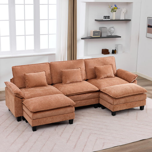 IPKIG 117" Modular Sectional Sofa, Chenille U-Shaped Sectional Couch Comfy Upholstered 3 Seat Sofa with 2 Ottoman, Deep Seat Cloud Couch Sofa for Living Room, Orange