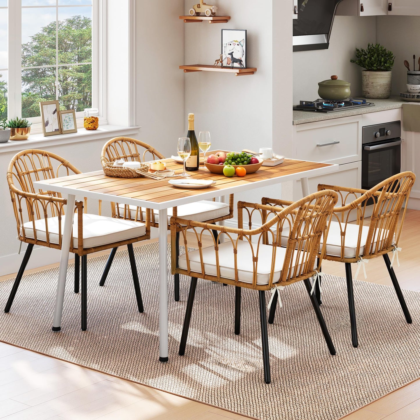 YITAHOME Outdoor Patio Dining Set 5pcs 59" Outdoor Table and Chairs Patio Dining Furniture Sets for 4/6 with Umbrella Hole Outdoor Dining Table Set for Garden Lawn Porch Indoor Brown