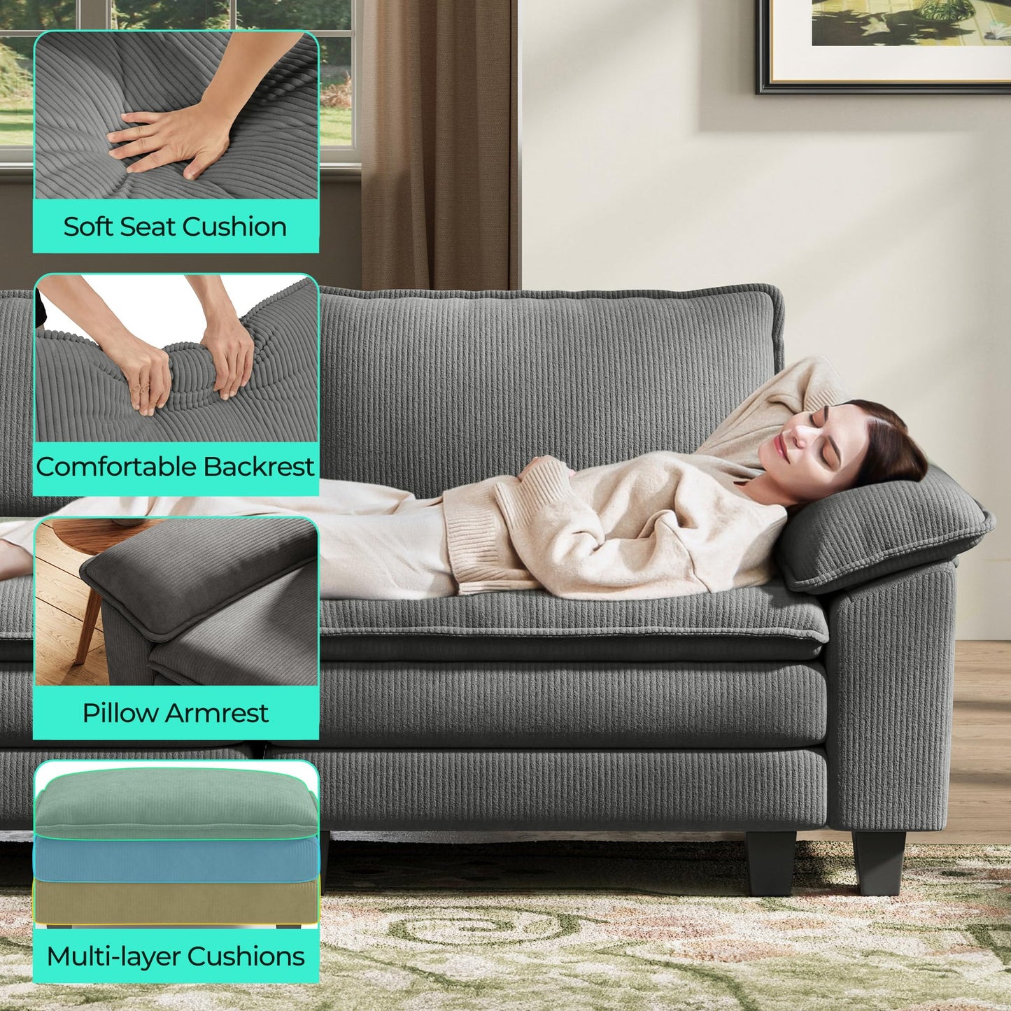 LINSY HOME 90'' Cloud Loveseat Sofa, Modular Sectional Couches Corduroy Cloud Couch Soft Modern Comfy Love Seat Sofa Set for Living Room Apartment Office, Grey