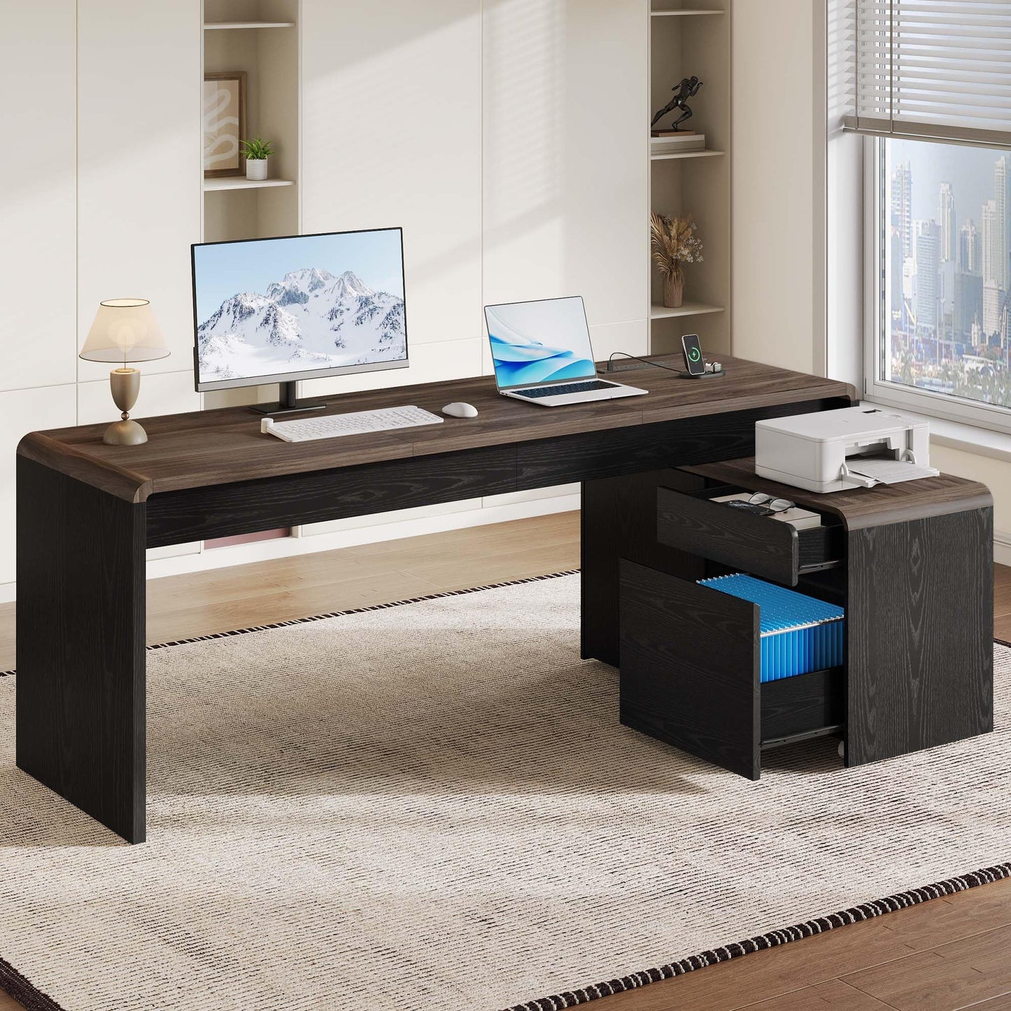 Homiflex Mid-Century Modern 78" L-Shaped Executive Desk with Independent Mobile File Cabinet, Large Home Office Desk with Drawers and 4 AC + 2 USB Power Outlets, Waterfall Edge Design, Black & Walnut