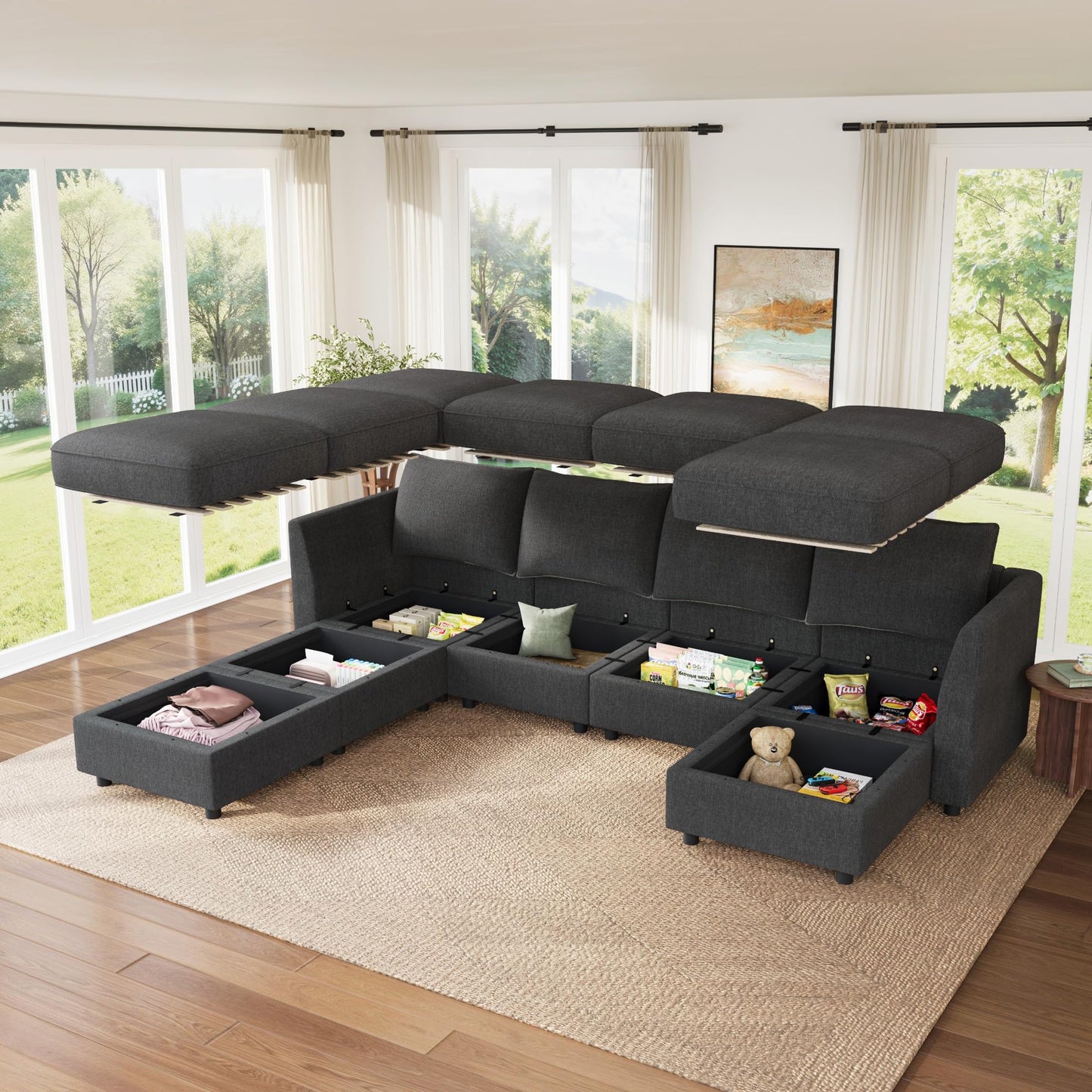 HONBAY Modular Sofa U Shaped Sectional Couch with Storage, Convertible Modular Sofa 7 Seats Sectional for Living Room - Snowflake Velvet Grey