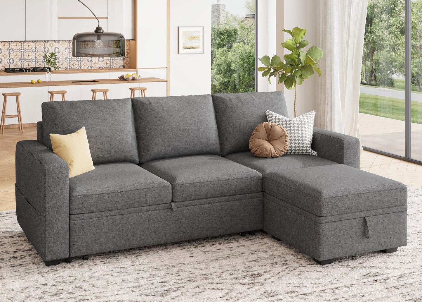 HONBAY Modular Sectional Sleeper Sofa with Pull Out Bed, L Shaped Couch with Storage Seat, Modular Sectional Couches for Living Room - Dark Grey