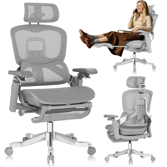 GABRYLLY Ergonomic Office Chair, Home Mesh Desk Chair with Sync Lumbar Support & Sliding Seat, 4D Arm, 150° Recline, Adjustable Back,Big & Tall Computer Chair-Footrest,Aluminum Base, Gray,FLOW550