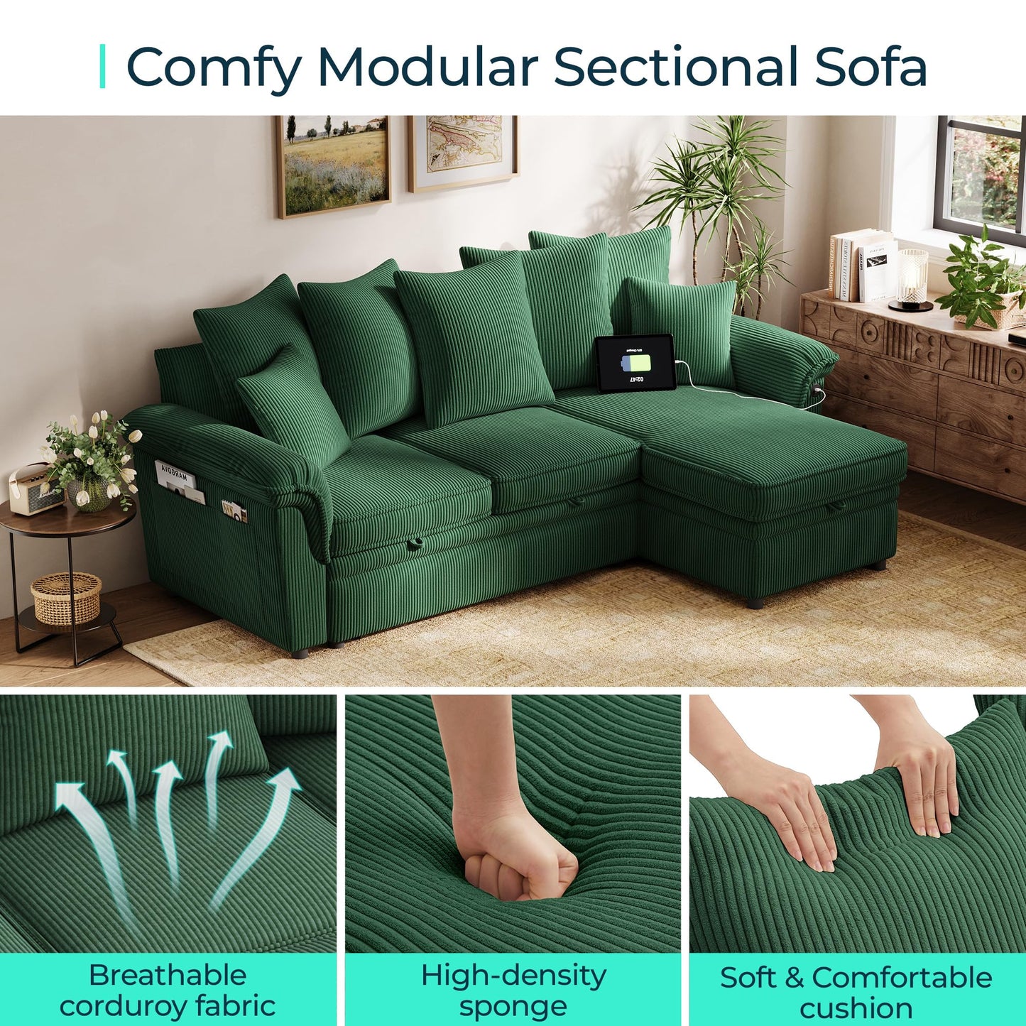 LINSY HOME 90.5'' Sectional Sleeper Sofa with Pull Out Couch Bed Modular (Green, 90.5'')