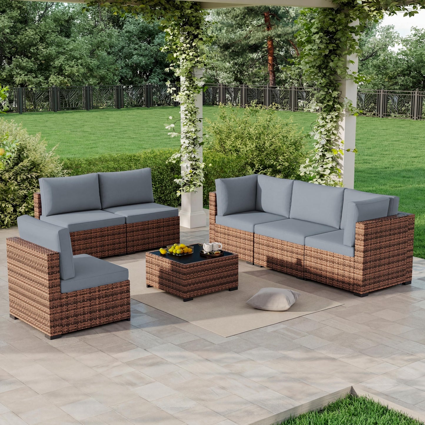 LHBcraft 7 Pieces Outdoor Wicker Rattan Patio Furniture with Rain Cover, Wicker Rattan Outdoor Sectional Sofa Set with Coffee Table & Blue Cushions for Garden, Poolside