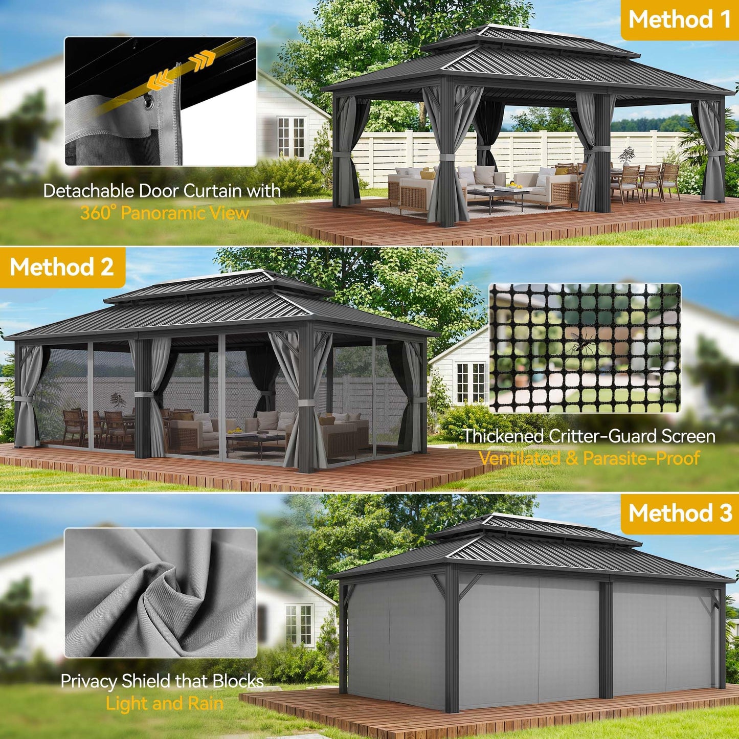 DWVO 12x20ft Hardtop Gazebo Double Roof with Nettings and Curtains, Heavy Duty Galvanized Steel Outdoor Vertical Stripes Roof for Patio, Backyard, Deck, Lawns, Gray
