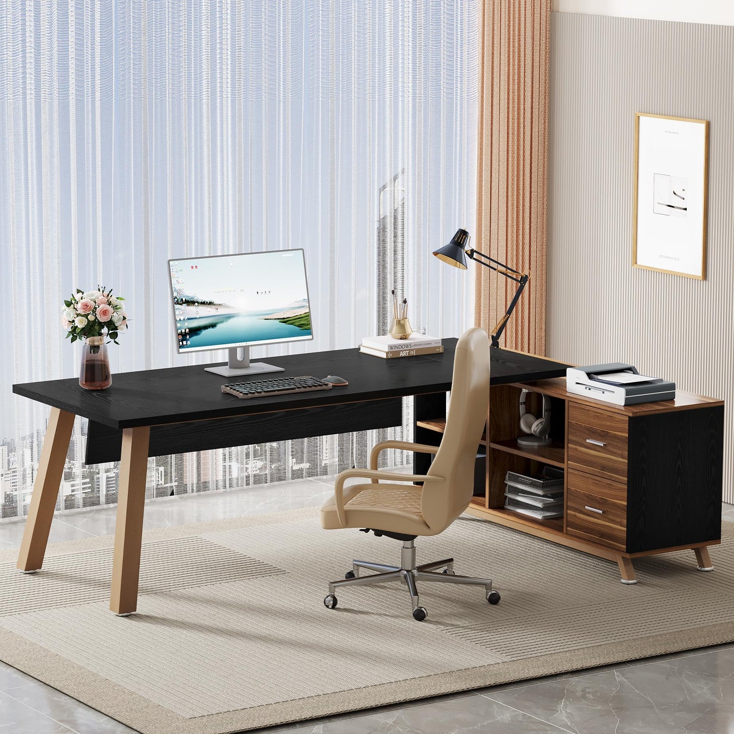 Tribesigns 78.7-Inch Executive Desk, L-Shaped Desk with 55-Inch Cabinet, Large Office Desk with Storage Shelves, Modern Computer Desk for Home Office, Black & Walnut