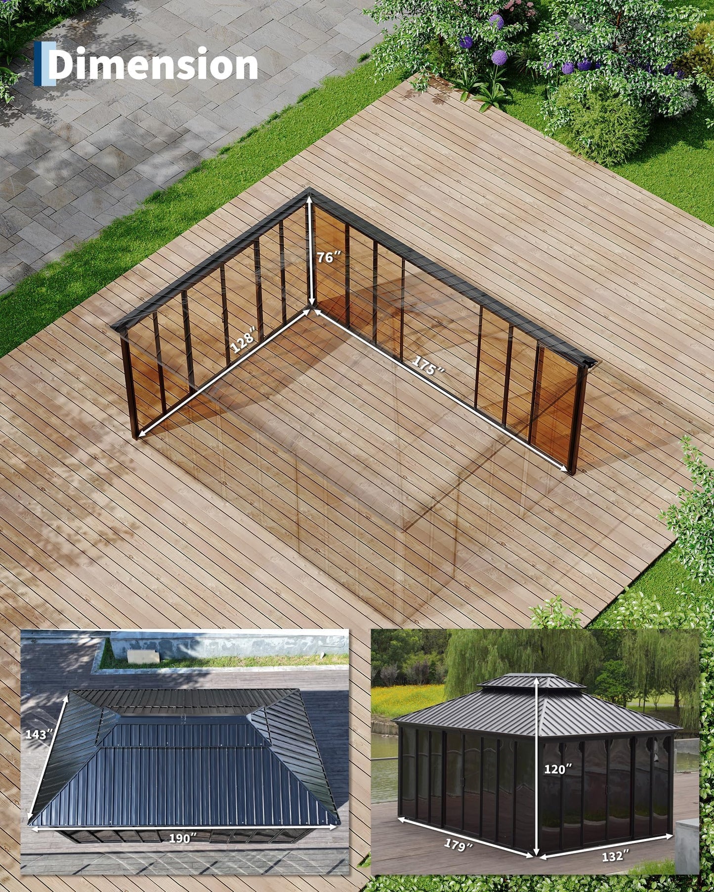 12x16ft Heavy Duty Outdoor Pavilion with Metal Frame, Permanent Solarium Sunroom Kit with PC Windows, Fully Sealed Screen Houses for Backyard, for Patio Winter Garden