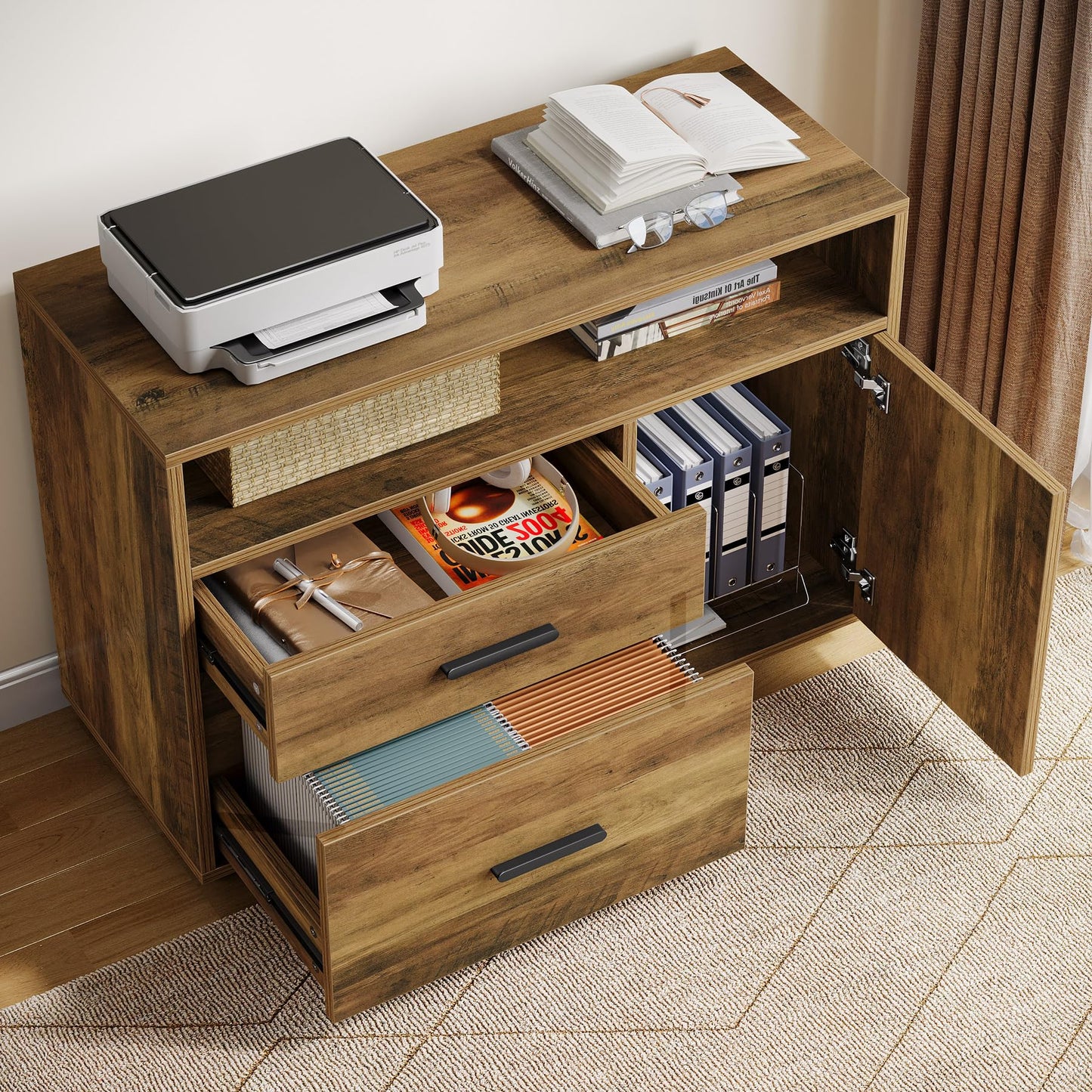 Tribesigns L Shaped Desk with Drawer Cabinet, 63" Executive Computer Desk and lateral File Cabinet, 2 Piece Home Office Furniture with Drawers for Hanging, Door (Rustic Brown, 63 inches)