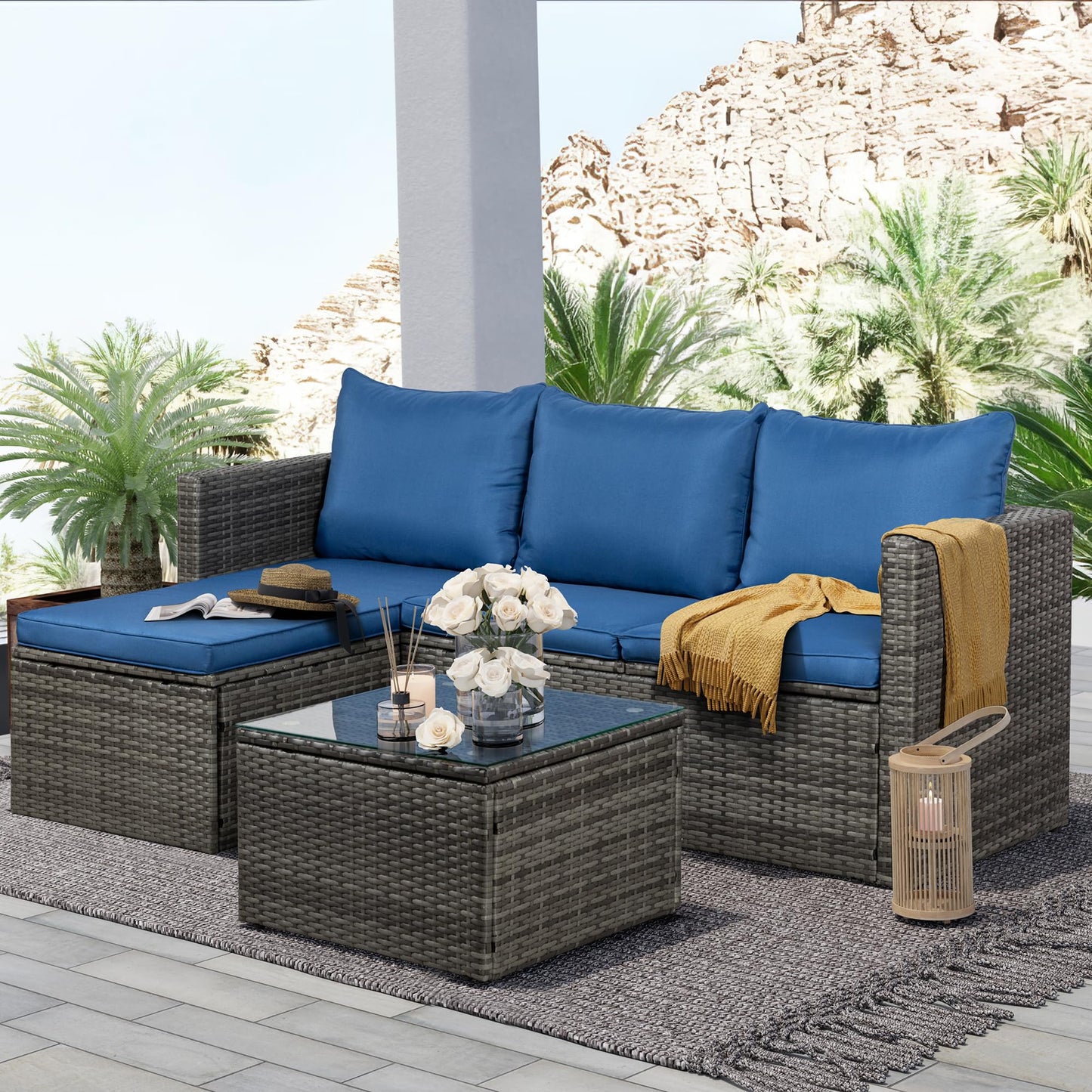 SUNLEI Small Outdoor Sofa Patio Furniture Set with Detachable Cushions, 3 PCS Patio Sectional Sofa with Coffee Table & 5 Position Adjustable,PE Rattan Patio Conversation Set, Silver Rattan/Royal Blue