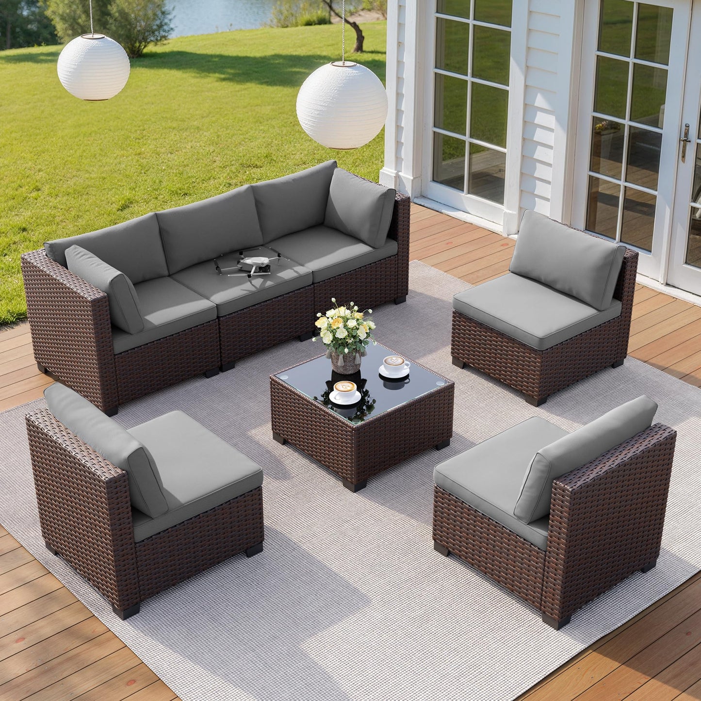 Qsun 7 Pieces Outdoor Patio Furniture Set, PE Rattan Outdoor Wicker Sectional Furniture Sofa Set, with Cushions and Glass Coffee Table, for Balcony, Porch, Garden, Grey