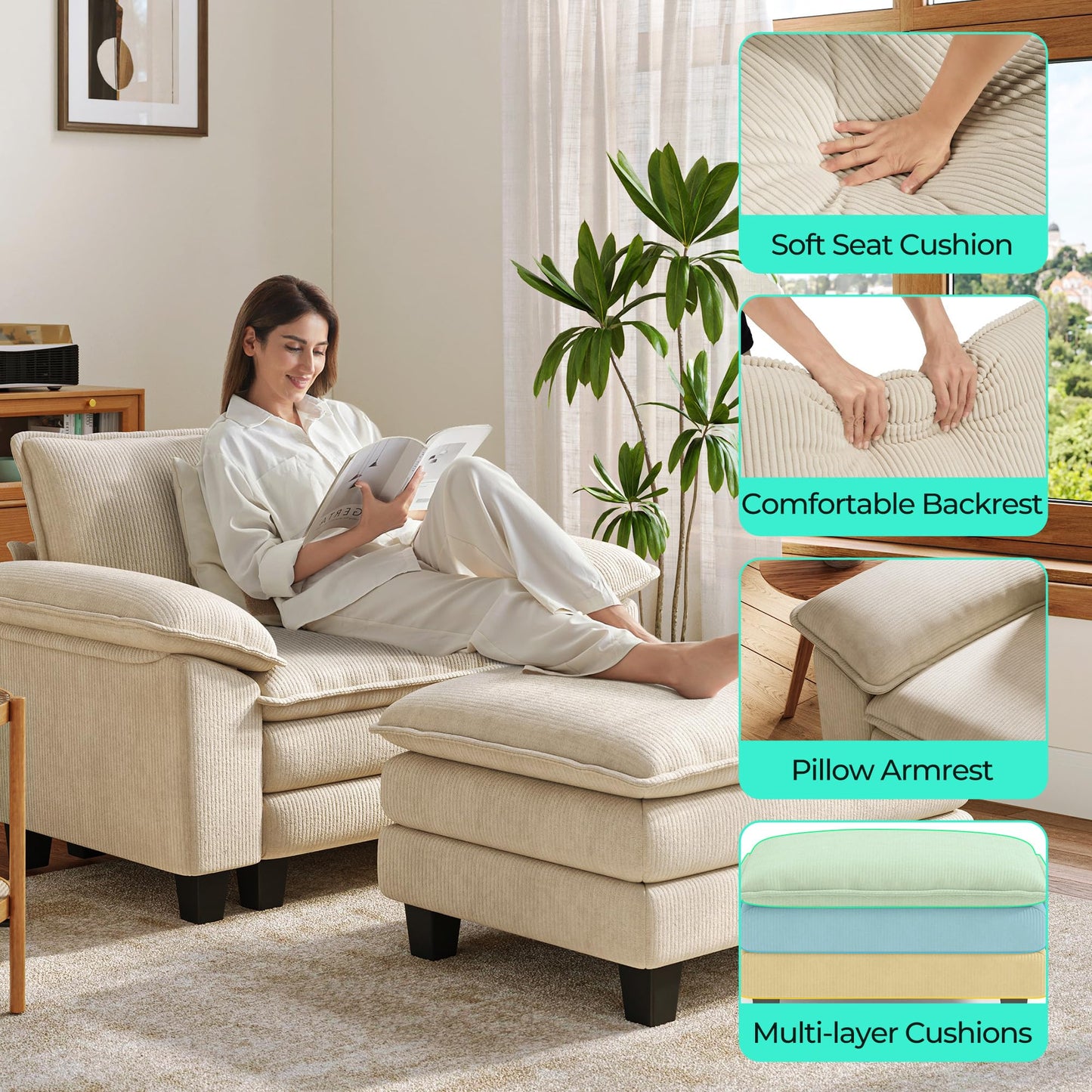 LINSY HOME Cloud Sofa Accent Chair with Ottoman Chaise Lounge Chair Indoor, Corduroy Couch Sofa Chair for Living Room Apartment Bedroom Office, Beige