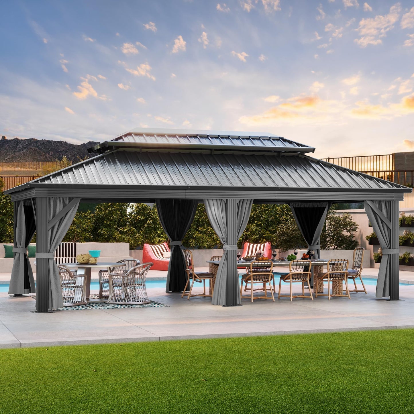 DWVO 12x18ft Hardtop Gazebo Double Roof with Nettings and Curtains, Heavy Duty Galvanized Steel Outdoor Vertical Stripes Roof for Patio, Backyard, Deck, Lawns, Gray