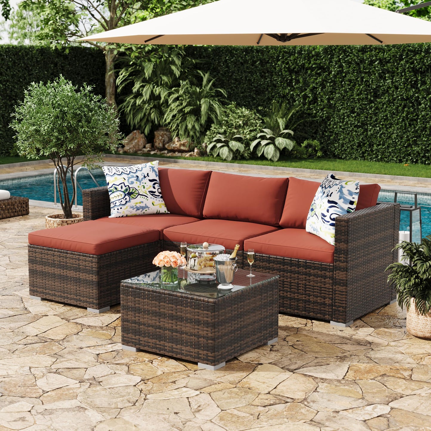 GAOMON 5-Piece All-Weather Patio Furniture Set, Convertible Outdoor Sectional Sofa with Ottoman & Tempered Glass Table, PE Rattan Conversation Set for Garden, Backyard, Porch, Poolside