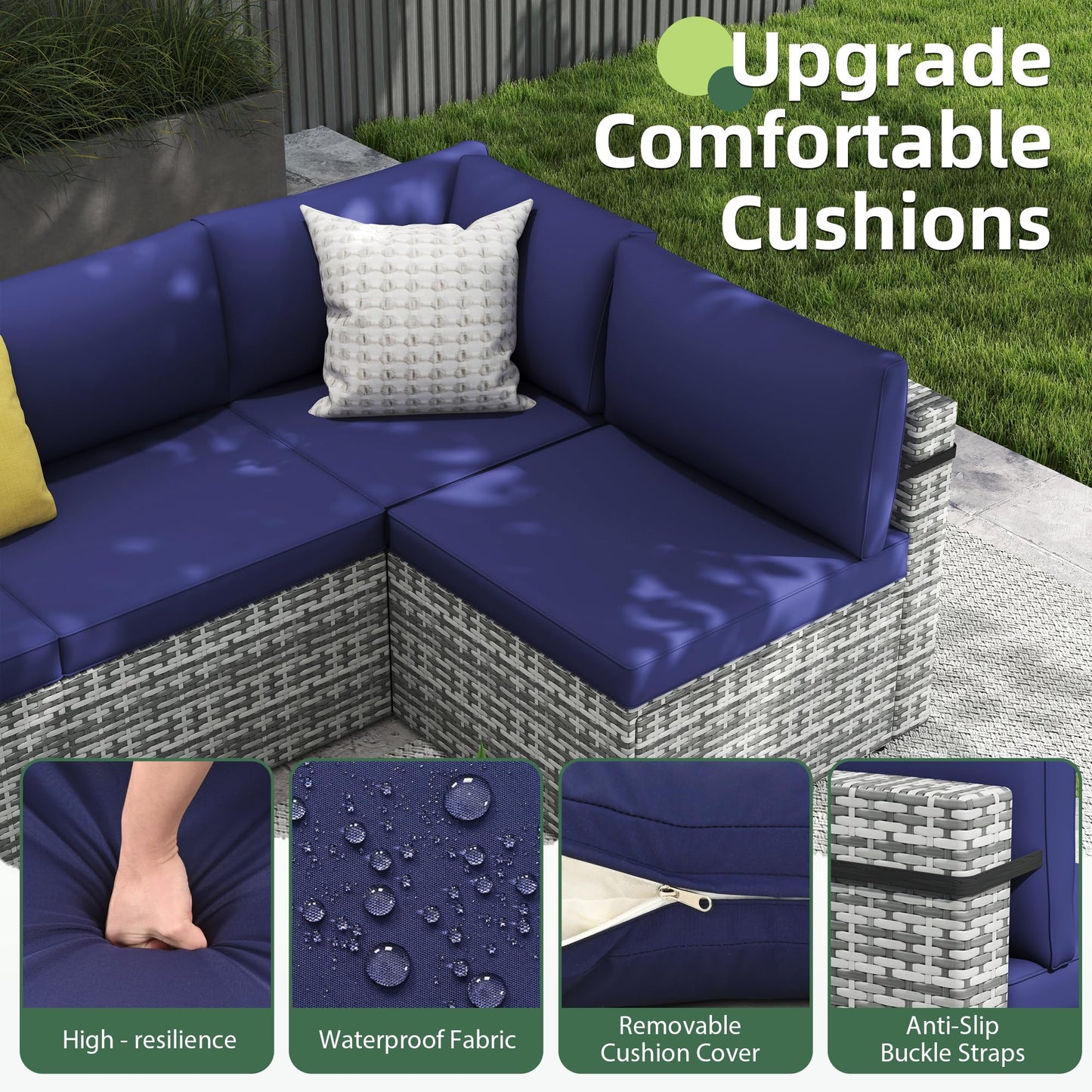 PATIOPIA 7-Piece Outdoor Sectional Sofa Set, Weather-Resistant Patio Furniture Set with Washable Cushions and Coffee Table, Grey Rattan Patio Conversation Set for Poolside, Backyard, Deck (Navy Blue)