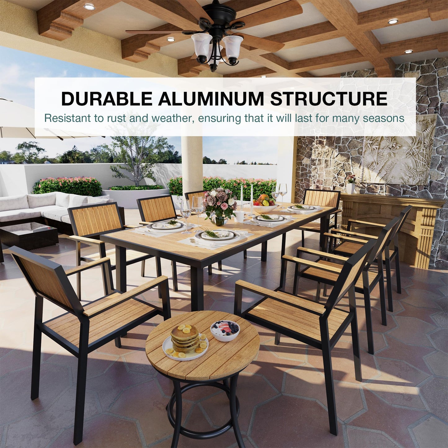 Pamapic 10-Piece Outdoor Dining Set, Patio Aluminum Furniture with Plastic-Wood Table Top & 8 Stackable Chairs, Outdoor Furniture Set for Patio Garden Poolside (Teak)