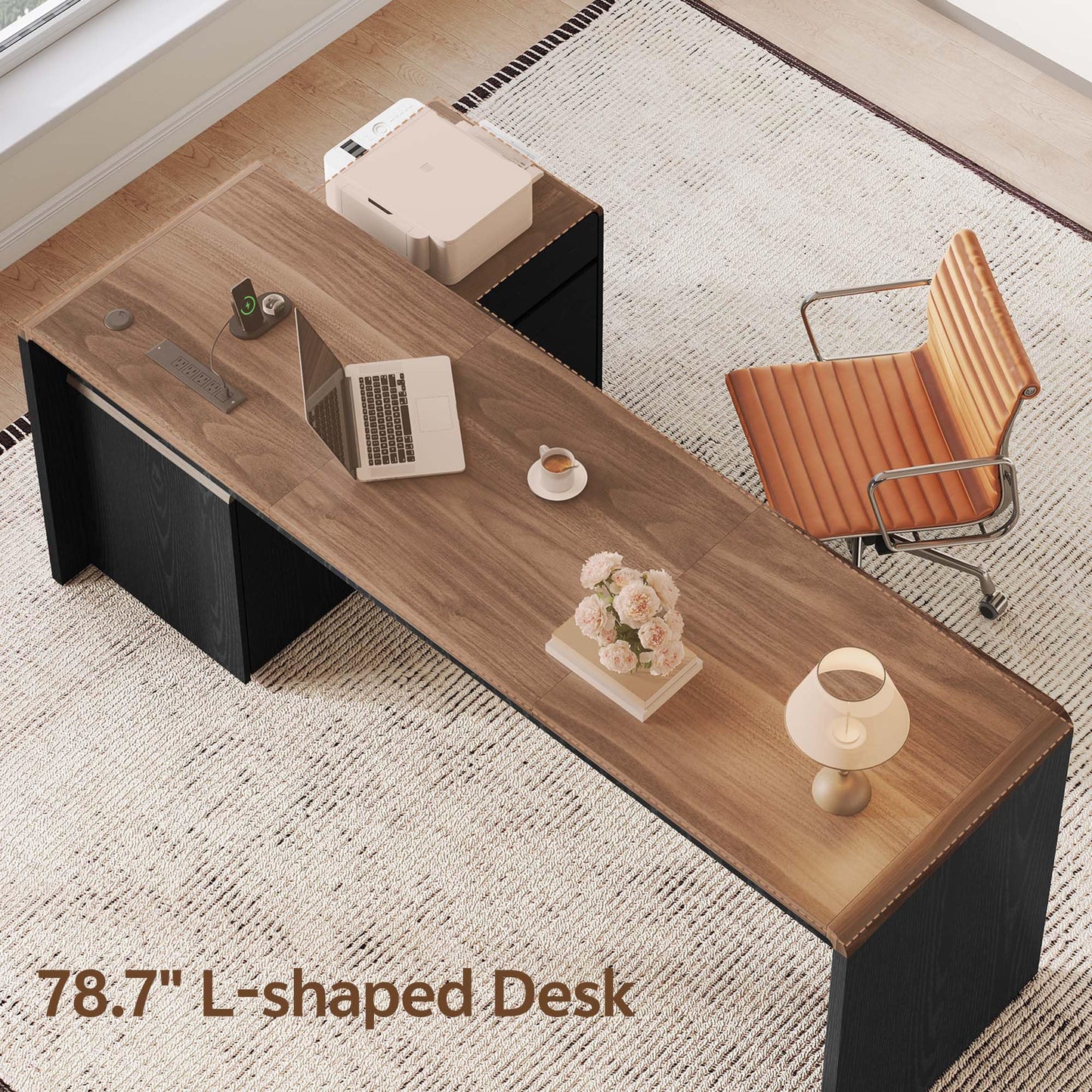 Homiflex Mid-Century Modern 78" L-Shaped Executive Desk with Independent Mobile File Cabinet, Large Home Office Desk with Drawers and 4 AC + 2 USB Power Outlets, Waterfall Edge Design, Black & Walnut