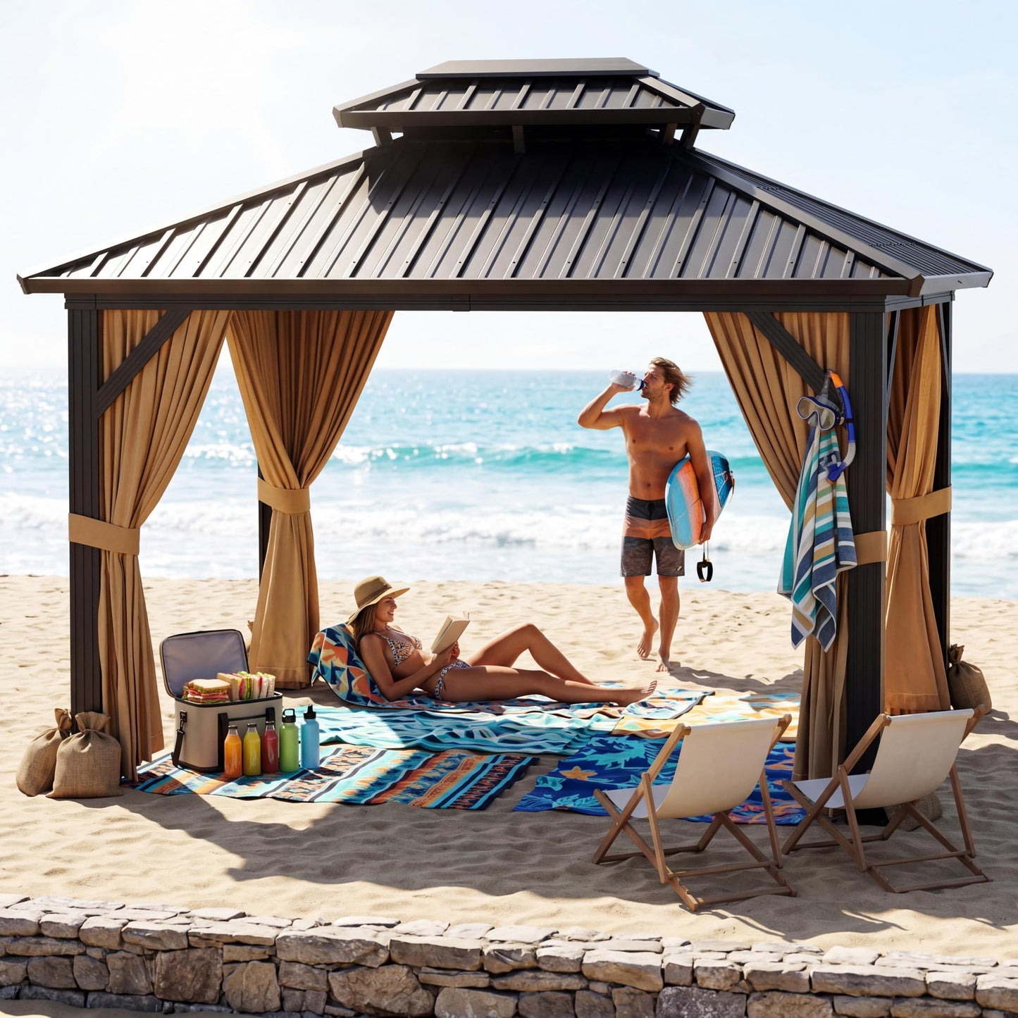 10' x 10' Hardtop Gazebo, Galvanized Steel Double Roof with Curtains & Netting – Sturdy Aluminum Frame Outdoor Patio Gazebo for Garden, Lawn, Deck and Backyard