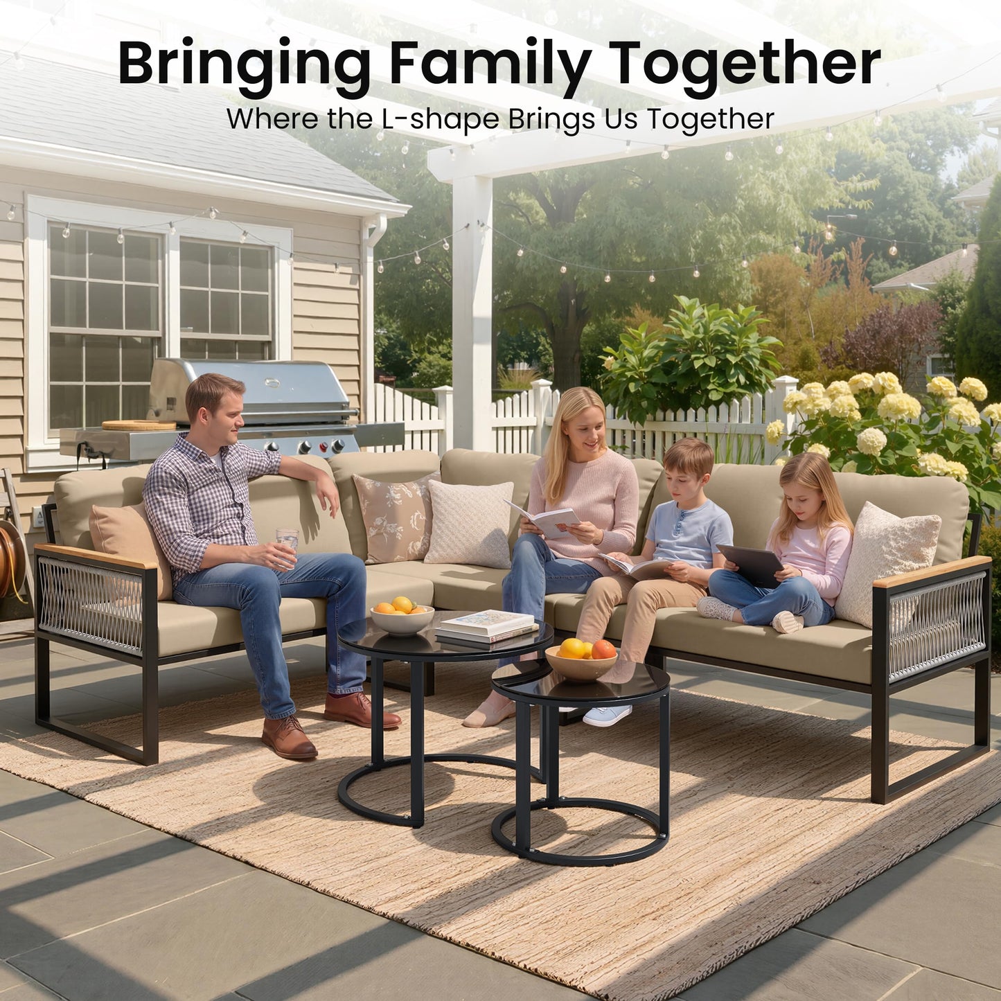 Crestlive 6 Piece Patio Furniture Set, Modern L-Shaped Outdoor Sectional Sofa with Nesting Tables, 4 Inch Thick Cushion, All Weather Resistant Outdoor Furniture Set for Backyard Patio Garden