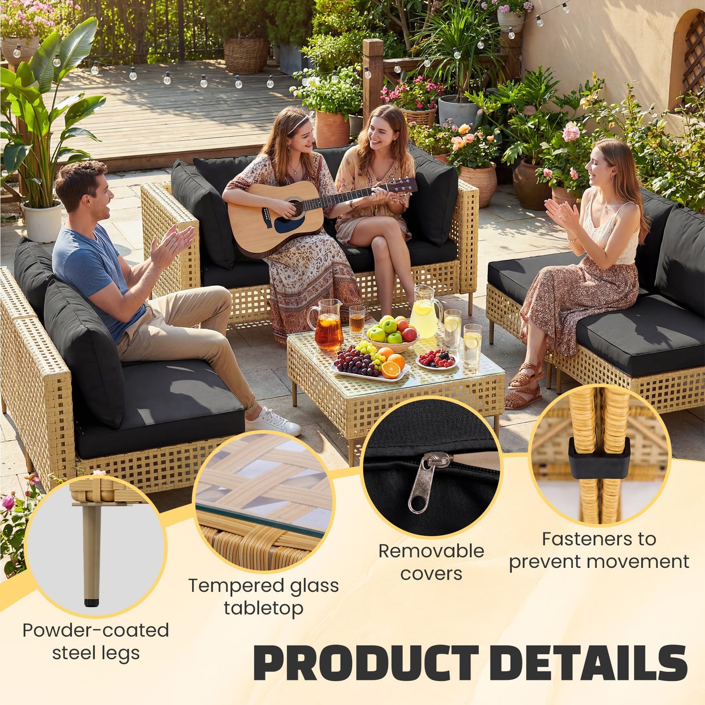 LHBcraft 7-Piece Wicker Outdoor Patio Furniture Set, Modular Rattan Outdoor Furniture, Patio Conversation Sets, Handmade Rattan, Water Resistant Fluffy Cushions and Coffee Table, Black