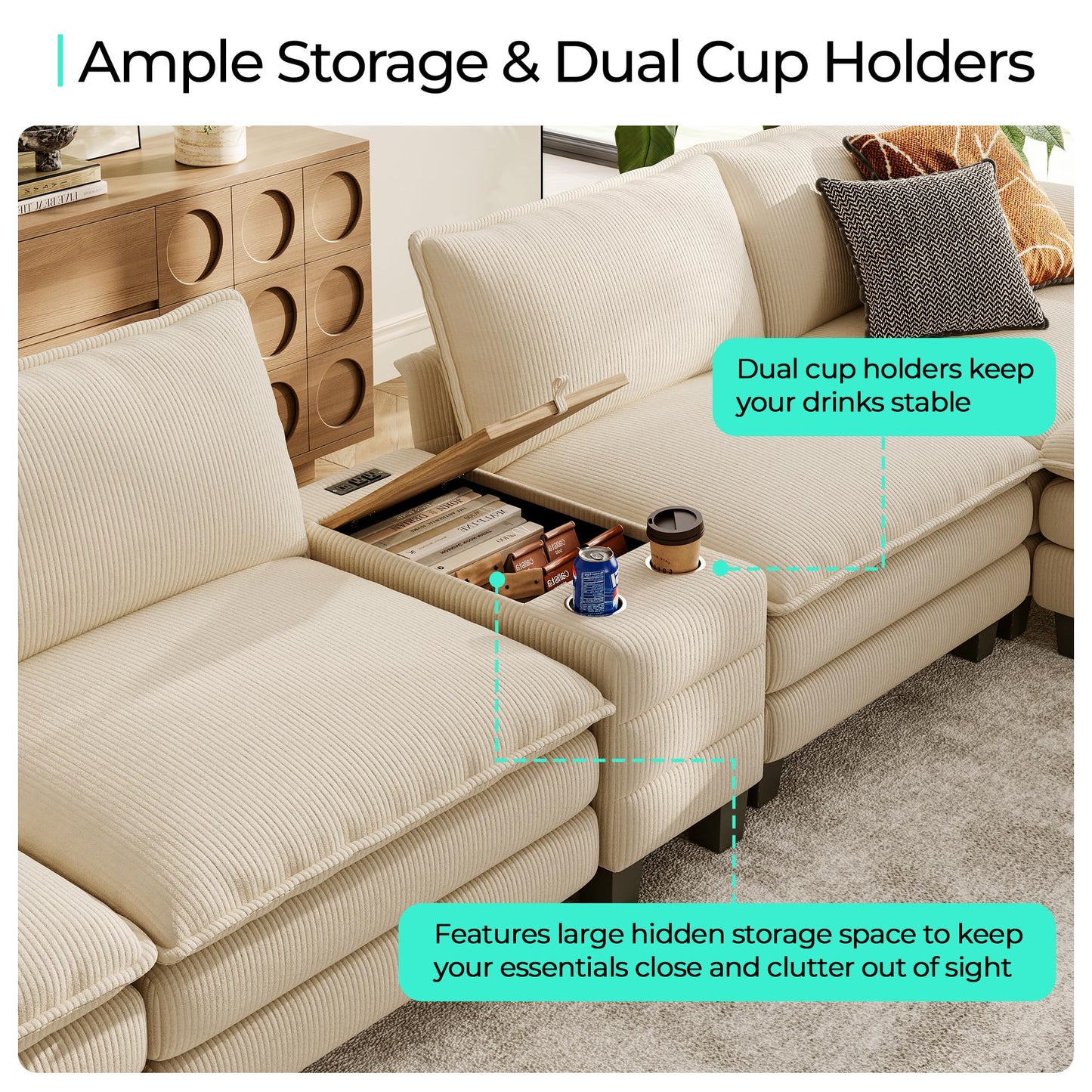 LINSY HOME Modular Sectional Sofa for Living Room, Corduroy Cloud Couch with Storage Console, USB Charging, Cup Holders, Comfy Modern Modular Cloud Couches with Movable Ottoman (Beige)