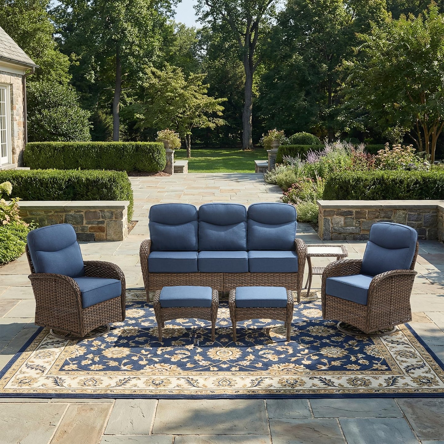Luxury Patio Furniture Set with 6-inch Thick Cushions, Outdoor Furniture Set with High Back Swivel Chairs, 6 PCS Wicker Outdoor Conversation Set for Porch, Patio, Yard, Deck, Poolside, Brown/Blue