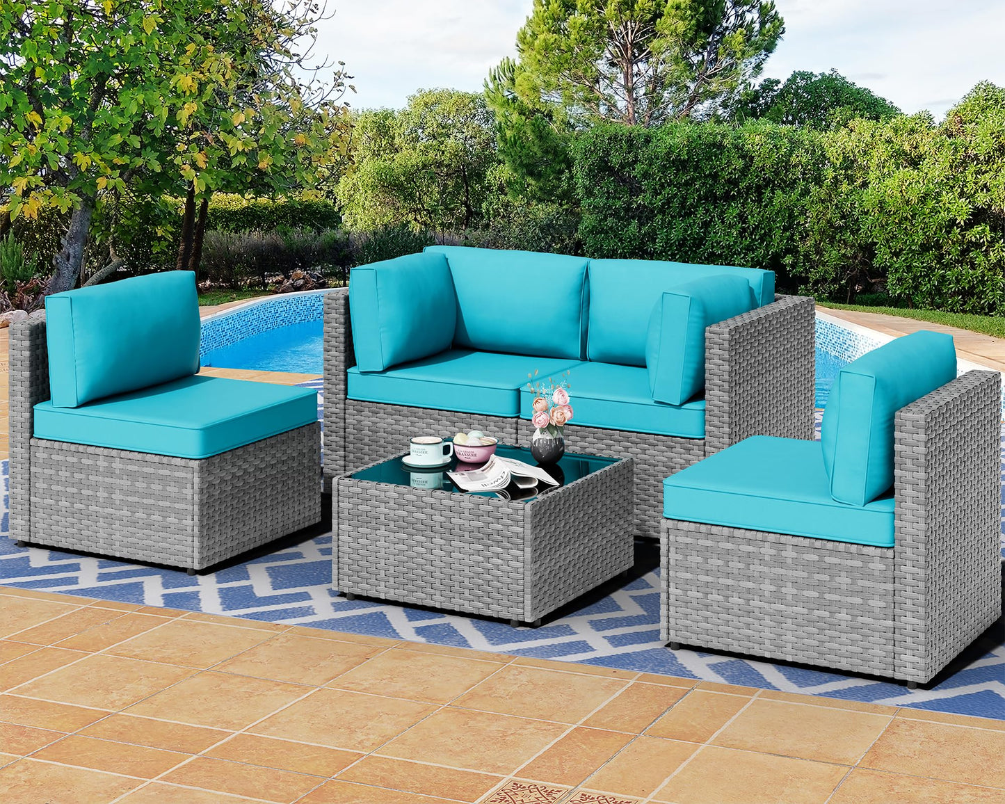 Shintenchi 5 Pieces Outdoor Patio Furniture Sets, Patio Sectional Sofa Couch, Gray PE Wicker Furniture Modular Patio Conversation Sets Patio Sofa with Washable Cushions & Table（Blue）