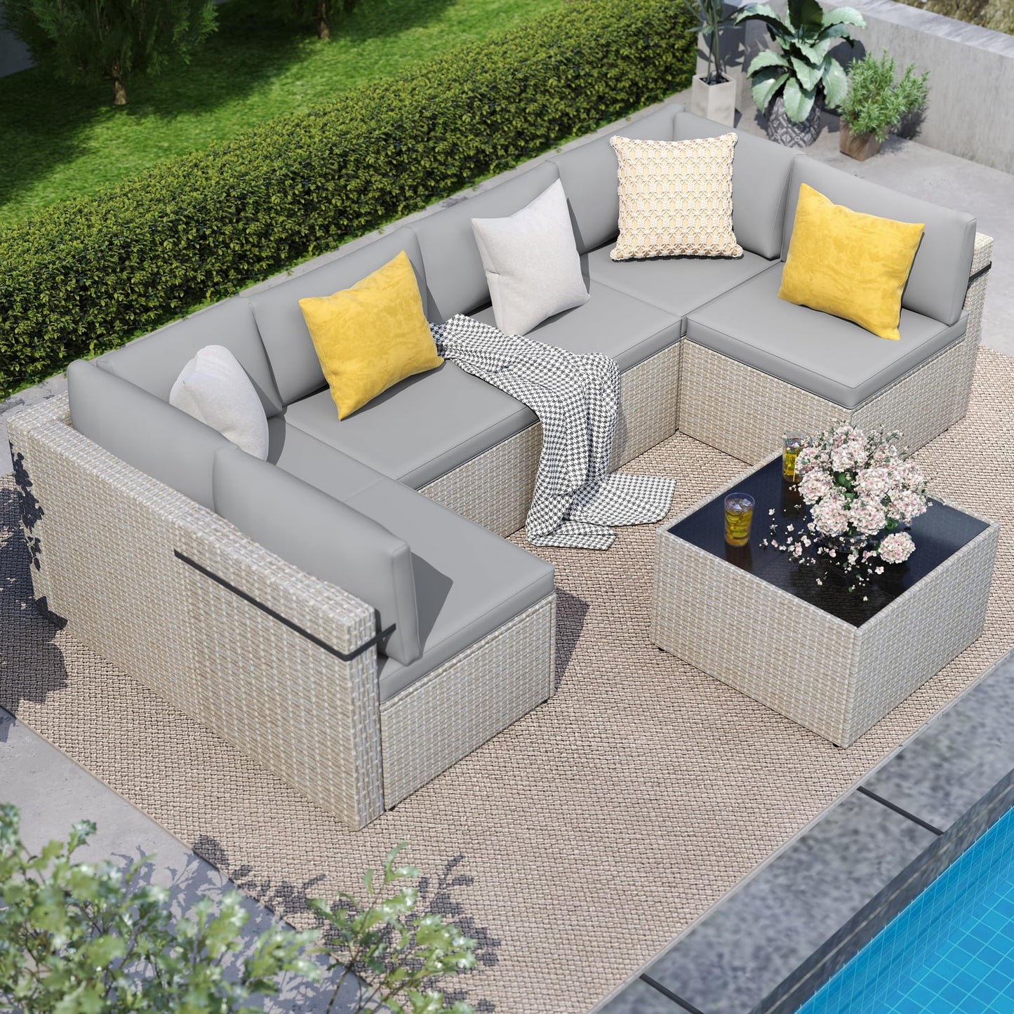 PATIOPIA 7-Piece Outdoor Sectional Sofa Set, Weather-Resistant Patio Furniture Set with Washable Cushions and Coffee Table, Grey Rattan Patio Conversation Set for Poolside, Backyard, Deck (Grey)