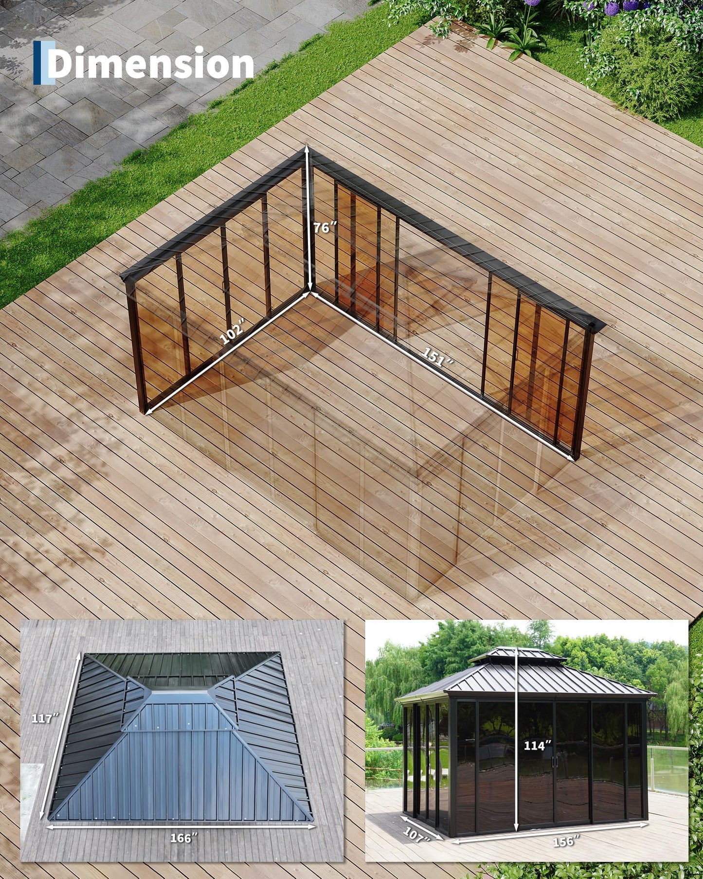 10x14ft Heavy Duty Outdoor Pavilion with Metal Frame, Permanent Solarium Sunroom Kit with PC Windows, Fully Sealed Screen Houses for Backyard, for Patio Winter Garden