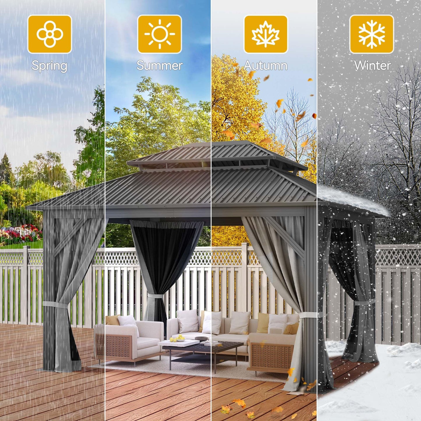 DWVO 14x12FT Gazebo Hardtop Outdoor Double Roof with Nettings and Curtains, Heavy Duty Galvanized Steel Roof Aluminum Gazebo for Patio, Backyard, Deck, Lawns, Gray