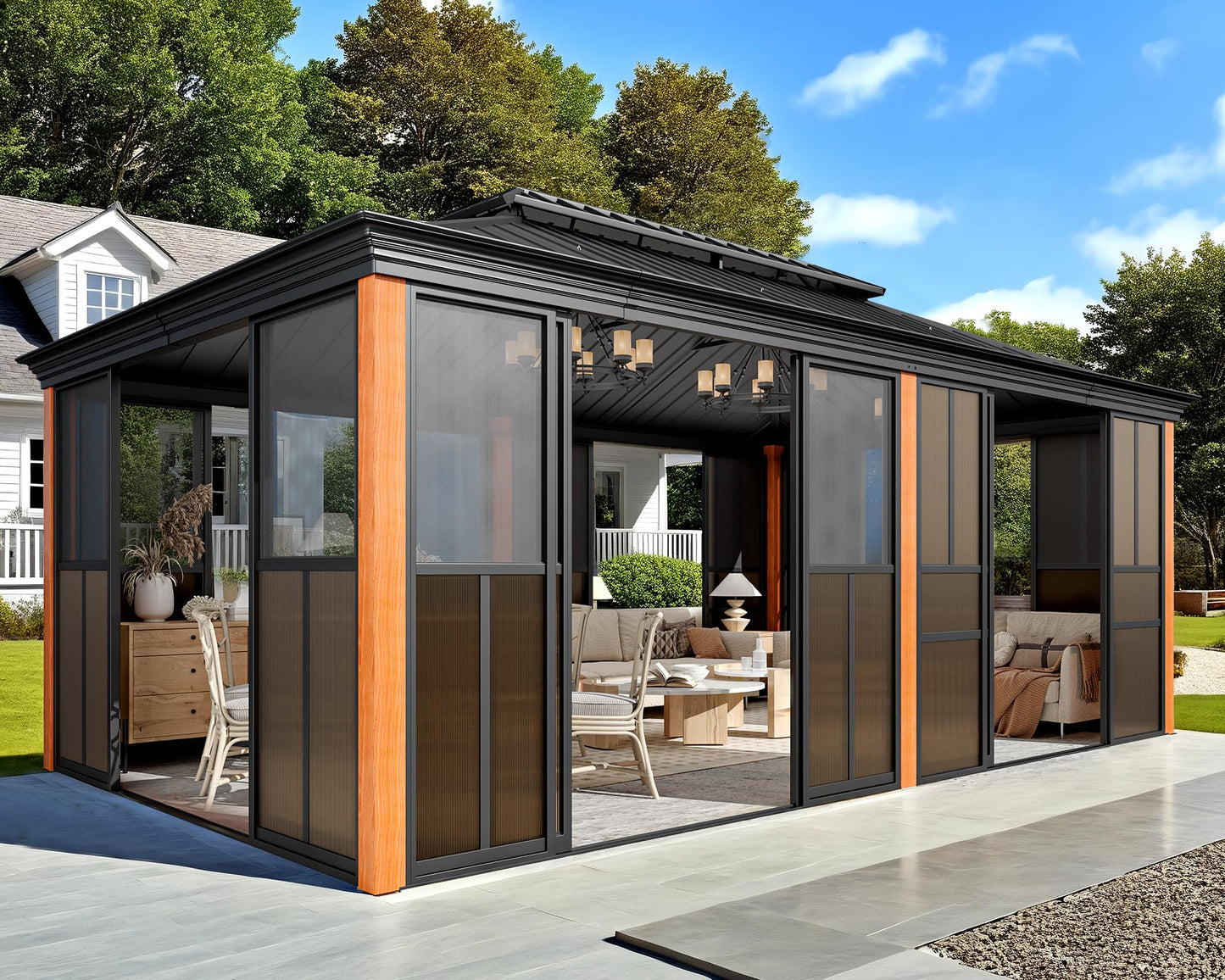 EROMMY 12' X 20' Hardtop Sunroom, Galvanized Steel Double Roof Gazebo Solarium with Wood Grain Aluminum Frame & Detachable Windows, All-Weather Sun Room for Patio Deck Backyard
