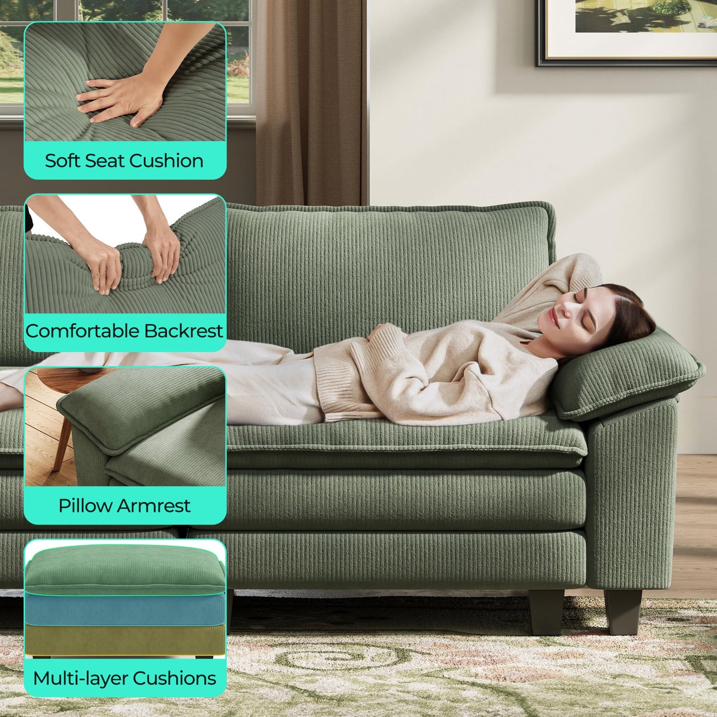 LINSY HOME Modular Sectional Sofa Couch Corduroy Cloud Couches for Living Room, V-Shaped Cloud Couch Sectional Sofas for Bedroom and Apartment, Green