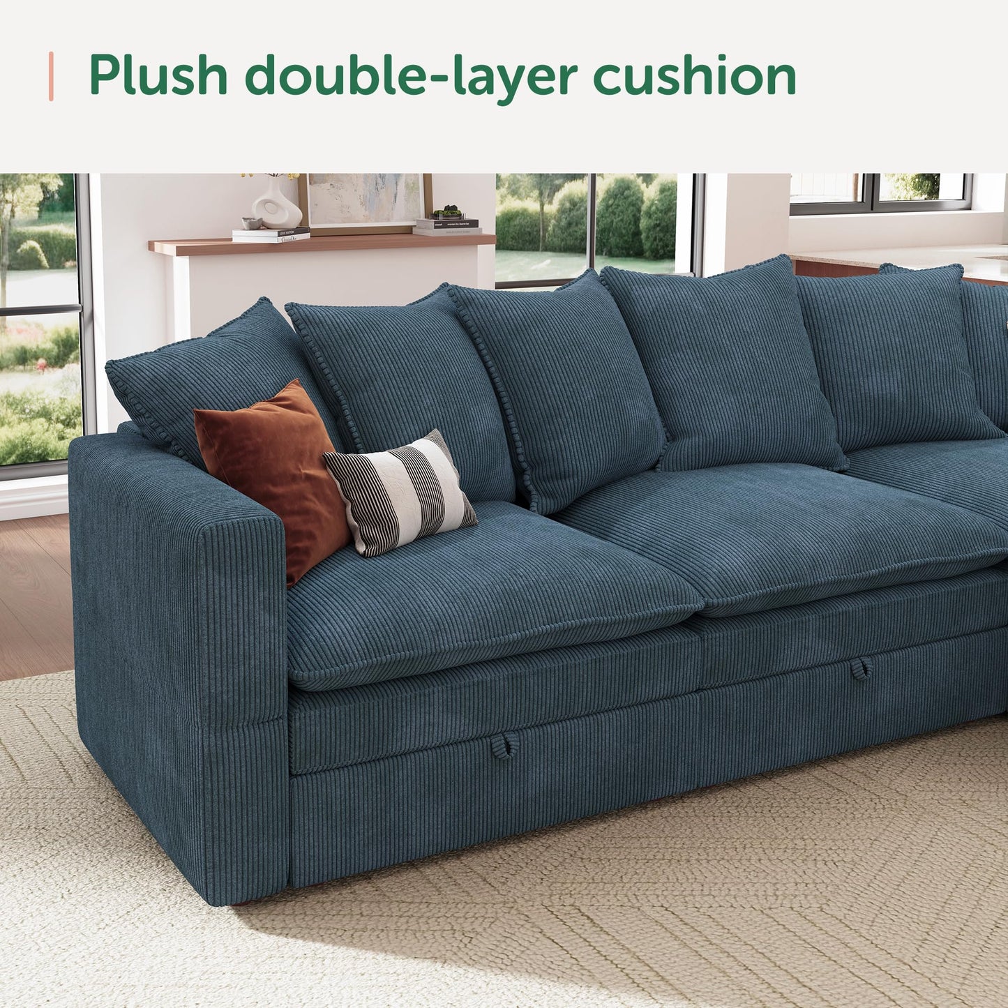 HONBAY Modular Sectional Sofa with Ottoman, 7 Seat U Shaped Couch with Storage & Pillows, 137 Inch Oversized Sectional Sofa for Living Room, Blue