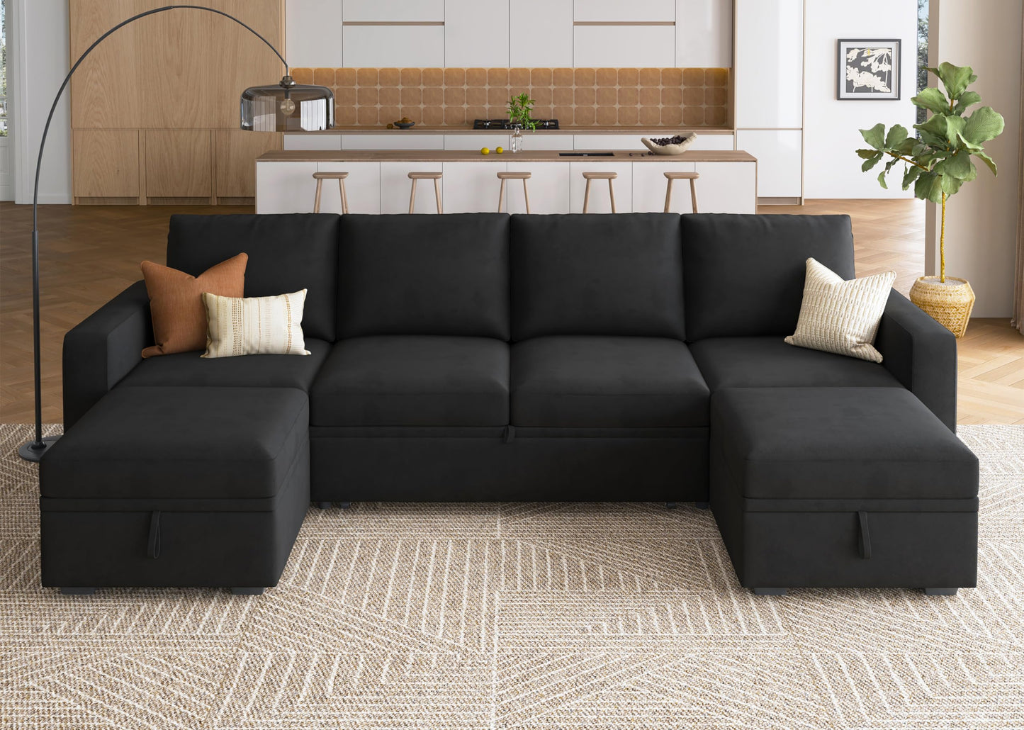 HONBAY Modular Sectional Sleeper Sofa Bed, Velvet Sectional Couch with Pull Out Bed U Shaped Modular Couch with Storage Ottoman for Living Room, Black