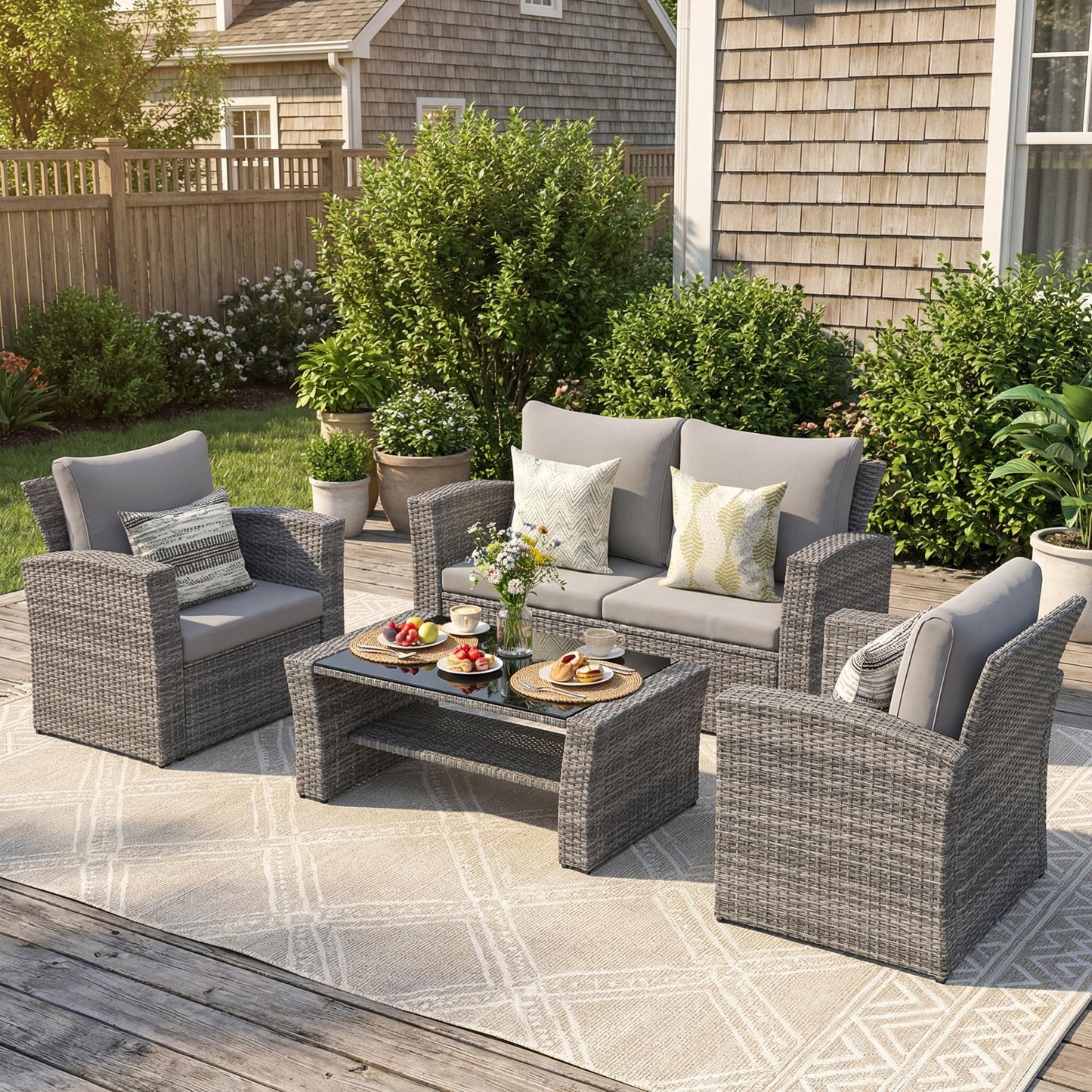 Wisteria Lane Patio Furniture Set, Wicker Outside Outdoor Furniture for All Weather, Patio Sofa with High Backrest Support and Wide Armrest for Backyard, Balcony, Deck, Porch, Light Gray