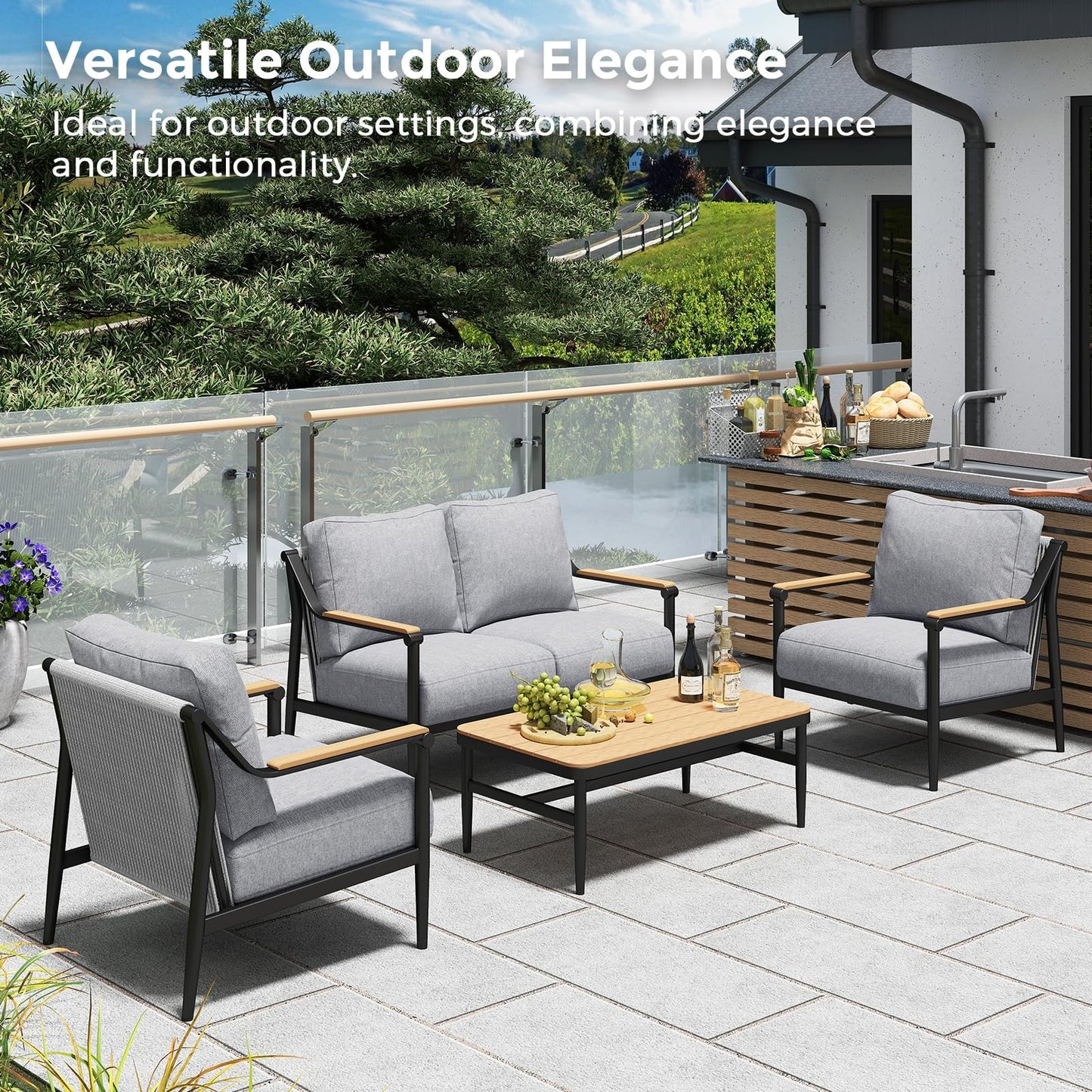Jocoevol 4 Pieces Outdoor Sofa Conversation Set, 4 Seats Couch Set with Table, Metal Frame Rope Weaving Design UV Resistance Waterproof for Patio Garden Balcony, Grey