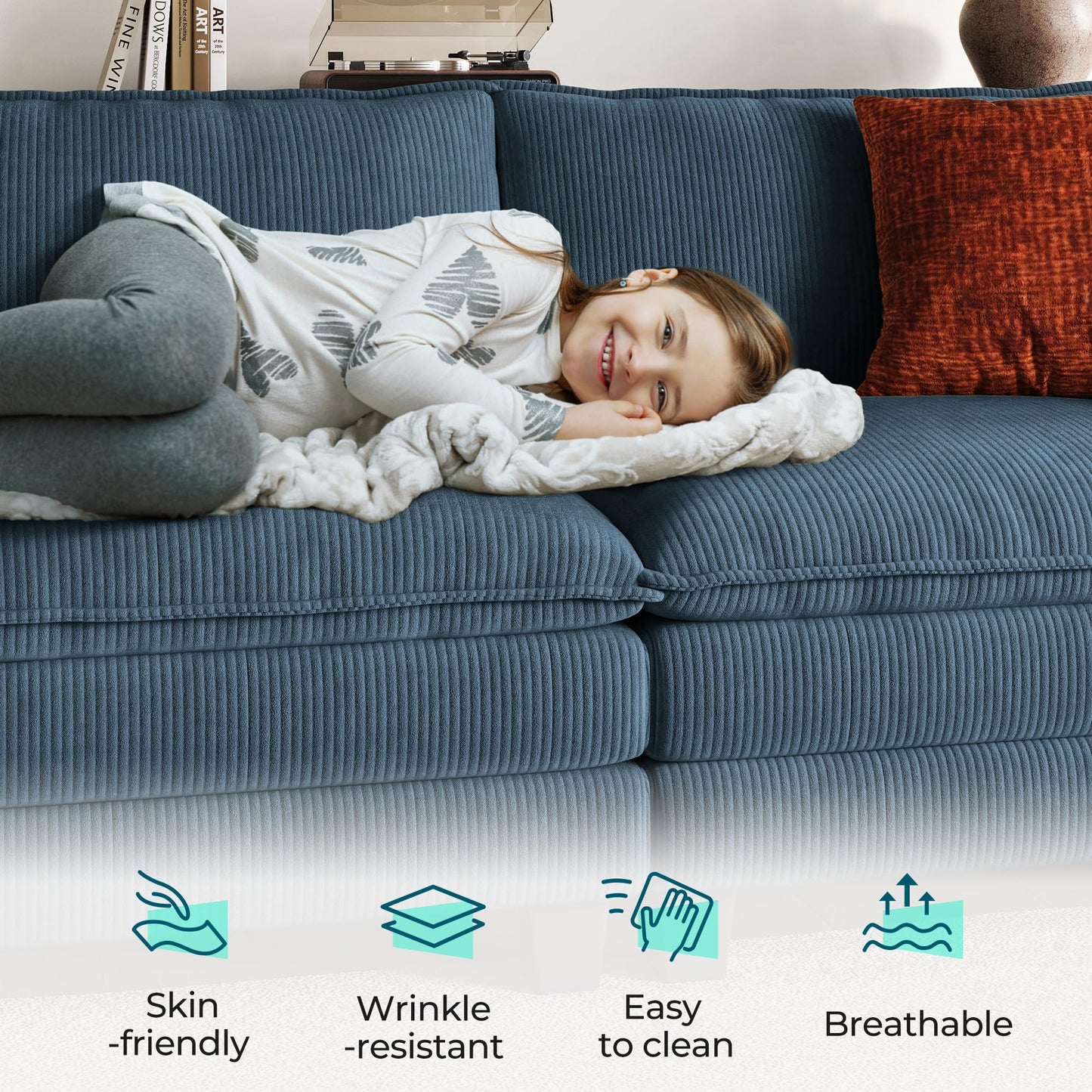 LINSY HOME 90'' Cloud Loveseat Sofa, Modular Sectional Couches Corduroy Cloud Couch Soft Modern Comfy Love Seat Sofa Set for Living Room Apartment Office, Blue