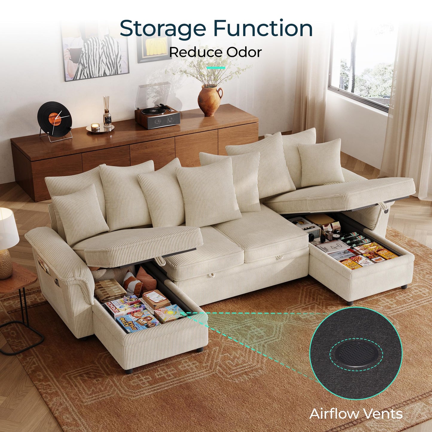 LINSY HOME Oversized Sectional Sleeper Sofa with Pull Out Couch Bed (Beige, 118.5'')