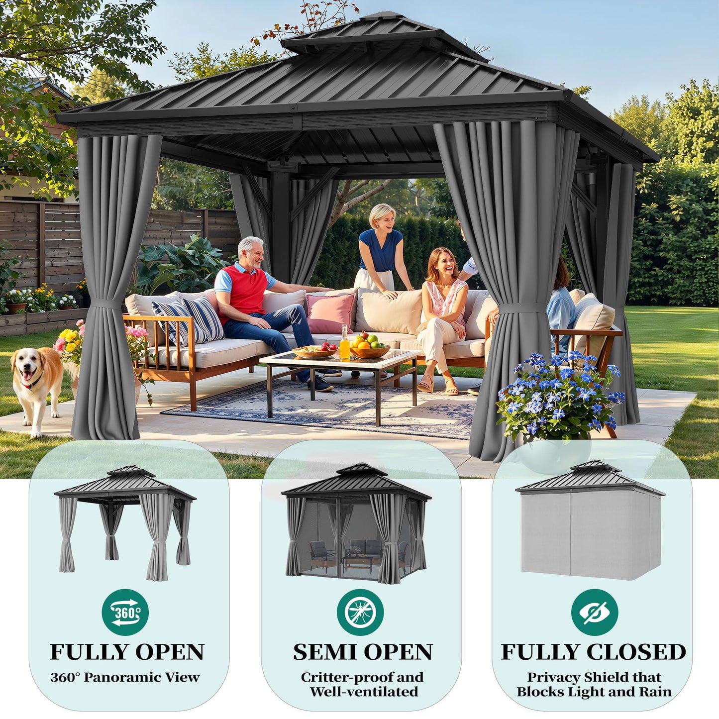 YITAHOME 10X10FT Hard Top Gazebo Patios Outdoor Double Roof Canopy Aluminum Frame Garden Gazebo with Curtains Netting for Backyards Decks Lawns, Gray