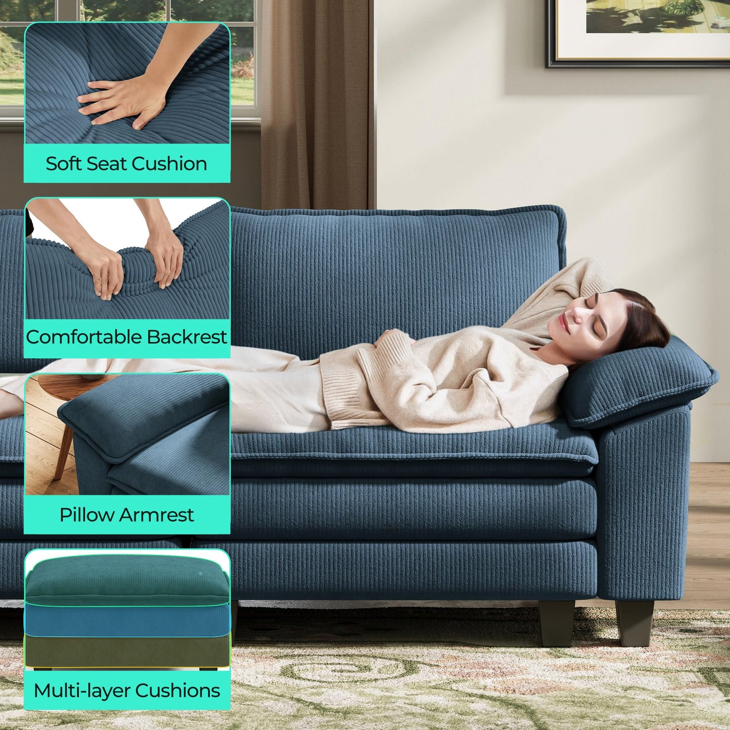 LINSY HOME 123'' Modular Sectional Sofa Blue Couch Corduroy Cloud Couches for Living Room, L Shaped Couch with Movable Ottoman, Modern Cloud Sectional Sofas for Bedroom and Apartment, Blue