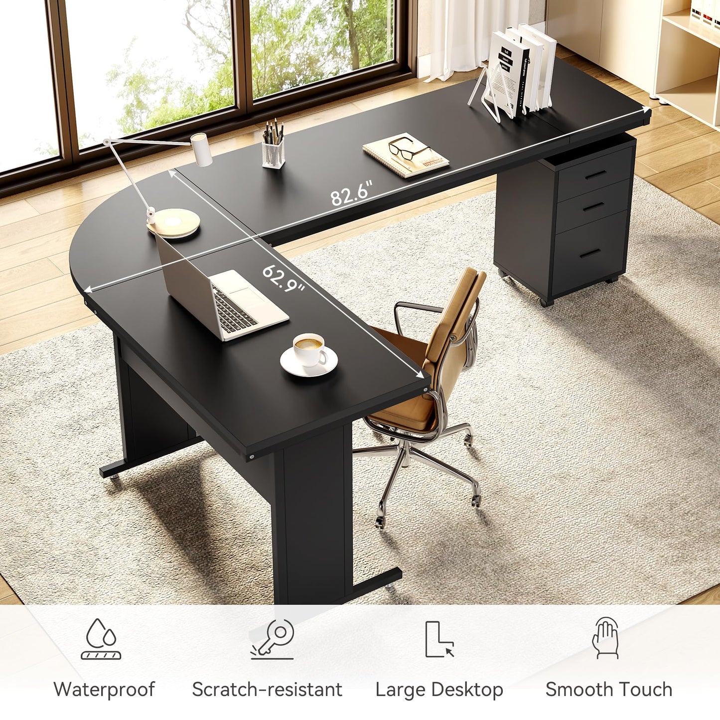 LITTLE TREE 82.67" Long Executive Desk Large L-Shaped Computer Office Desk with 3-Drawer Mobile File Cabinet, Industrial Business Furniture Desk Workstation for Home Office, Black