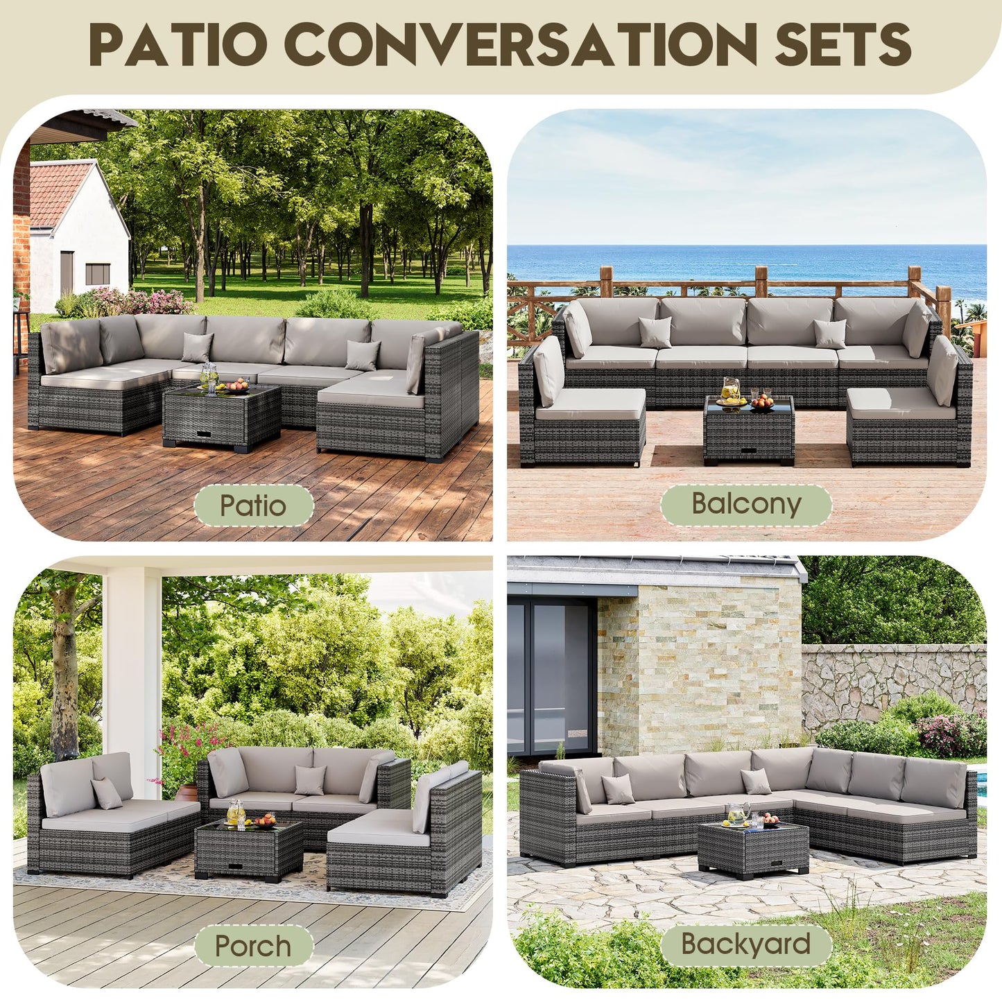LHBcraft 7 Piece Patio Outdoor Furniture Set, Outdoor Sectional, All-Weather Hand-Woven Wicker Patio Sectional Sofa, Rattan Outside Furniture with Grey Cushion and Glass Coffee Table