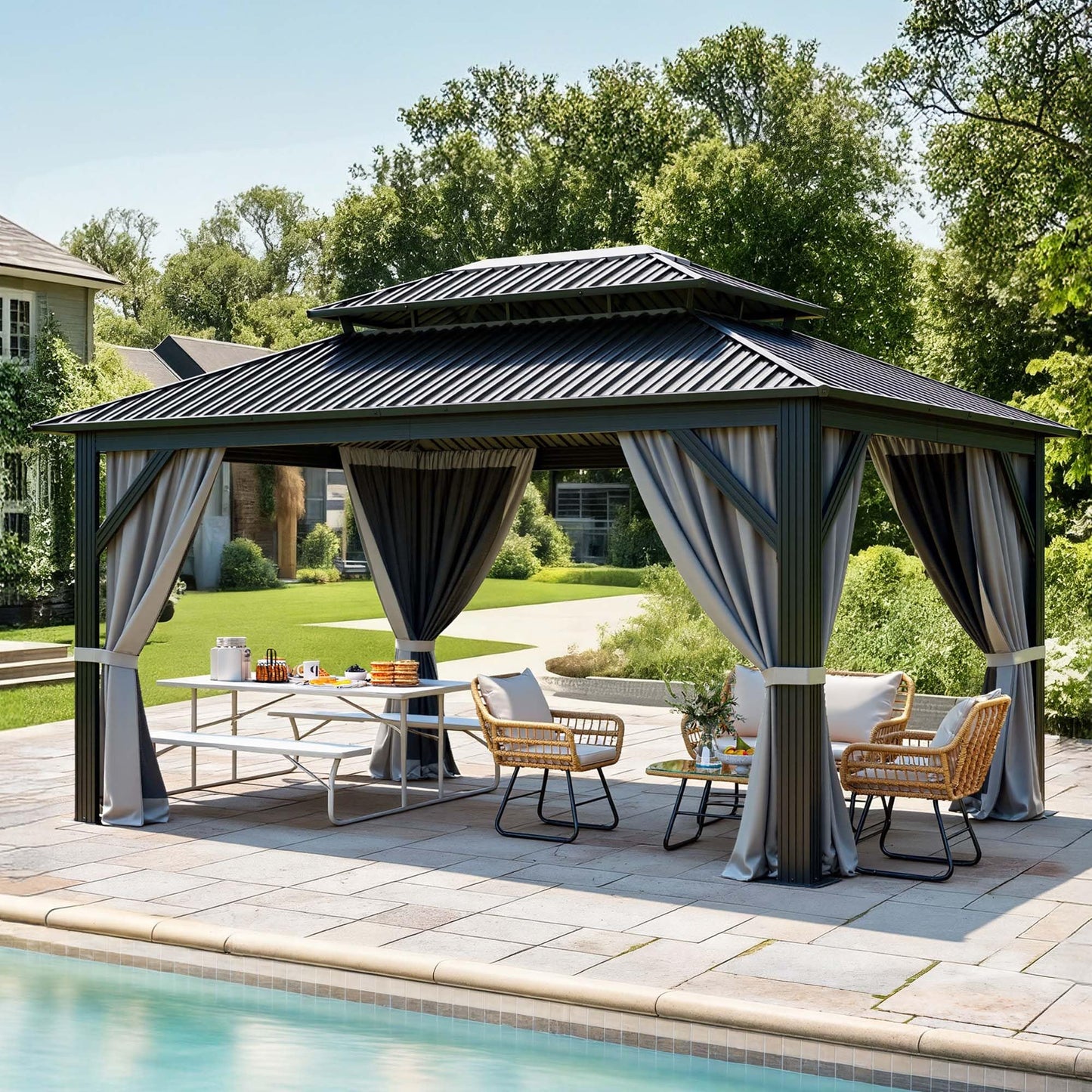 YITAHOME 16X12FT Patio Hardtop Metal Gazebo with Nettings and Curtains, Heavy Duty Double Roof Galvanized Steel Outdoor Waterproof Gazebo for Patio, Backyard, Deck, Gray