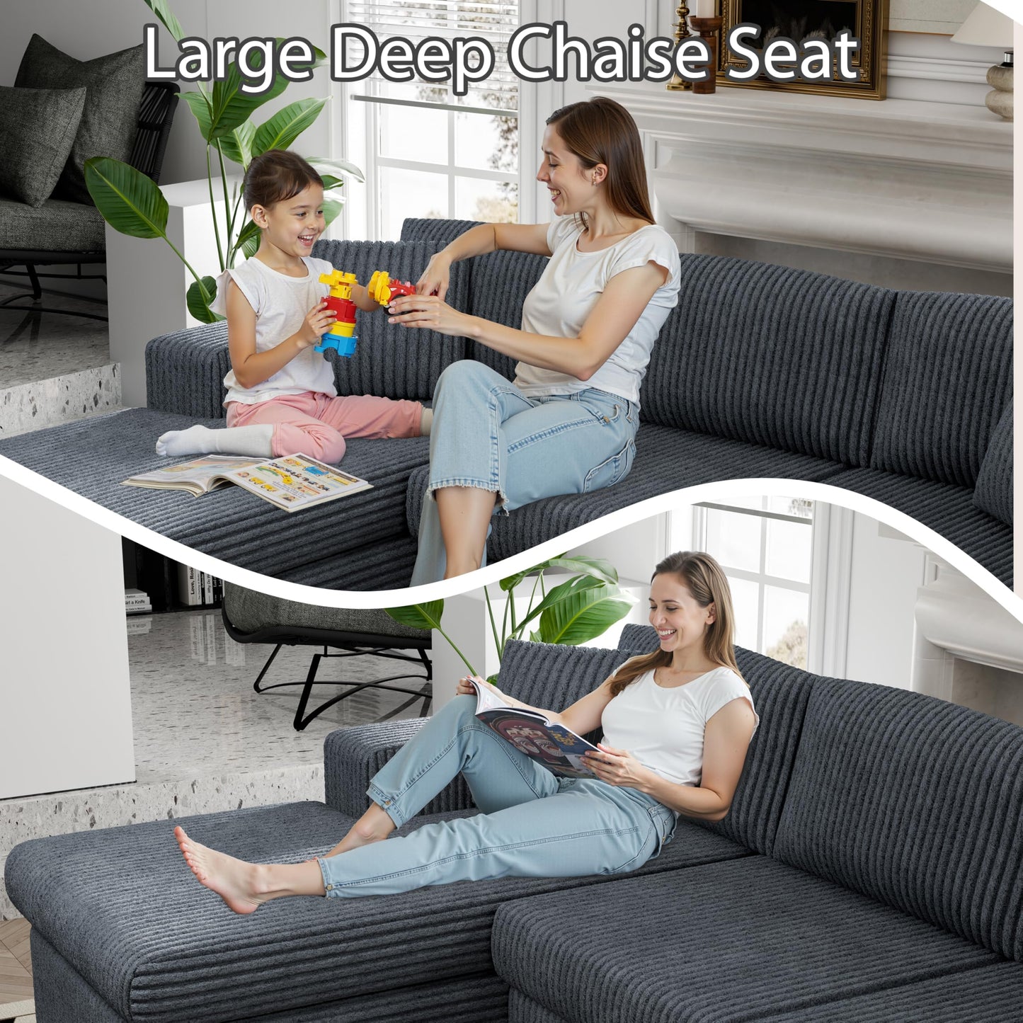 Shintenchi 105" Boneless Couch for Living Room,L Shaped Modular Cloud Sectional Sofa,Fluffy Corduroy Couch with Deep Seated Oversized Chaise Lounge,No Assembly Needed,Dark Gray