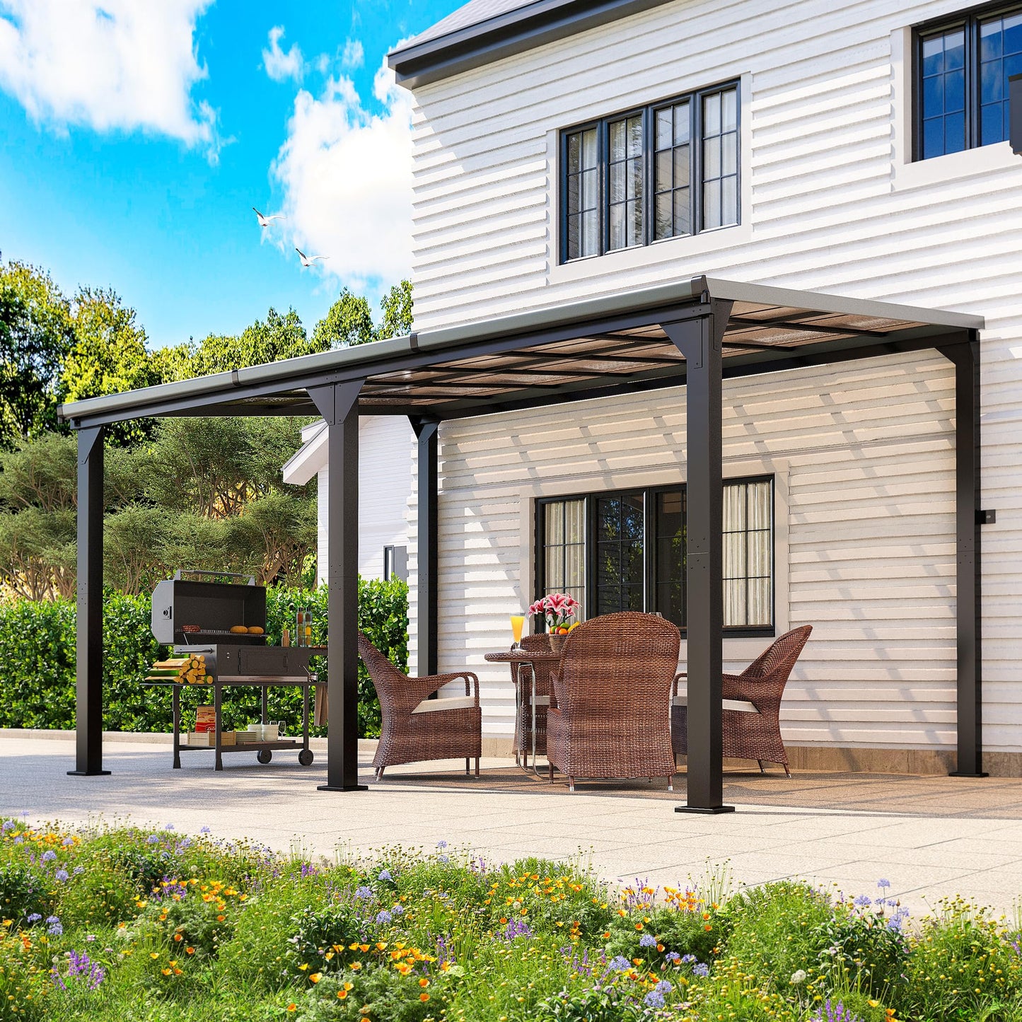 Patiopia 10 * 14FT Pergola,4 * 6 Inch Thickened Pillars & Enlarged Base,Outdoor Hardtop Lean to Gazebo,Wall Mounted Pergola,Pergolas Gazebos Clearance,Aluminum Frame Pergola,UV Resistant Patio Roof
