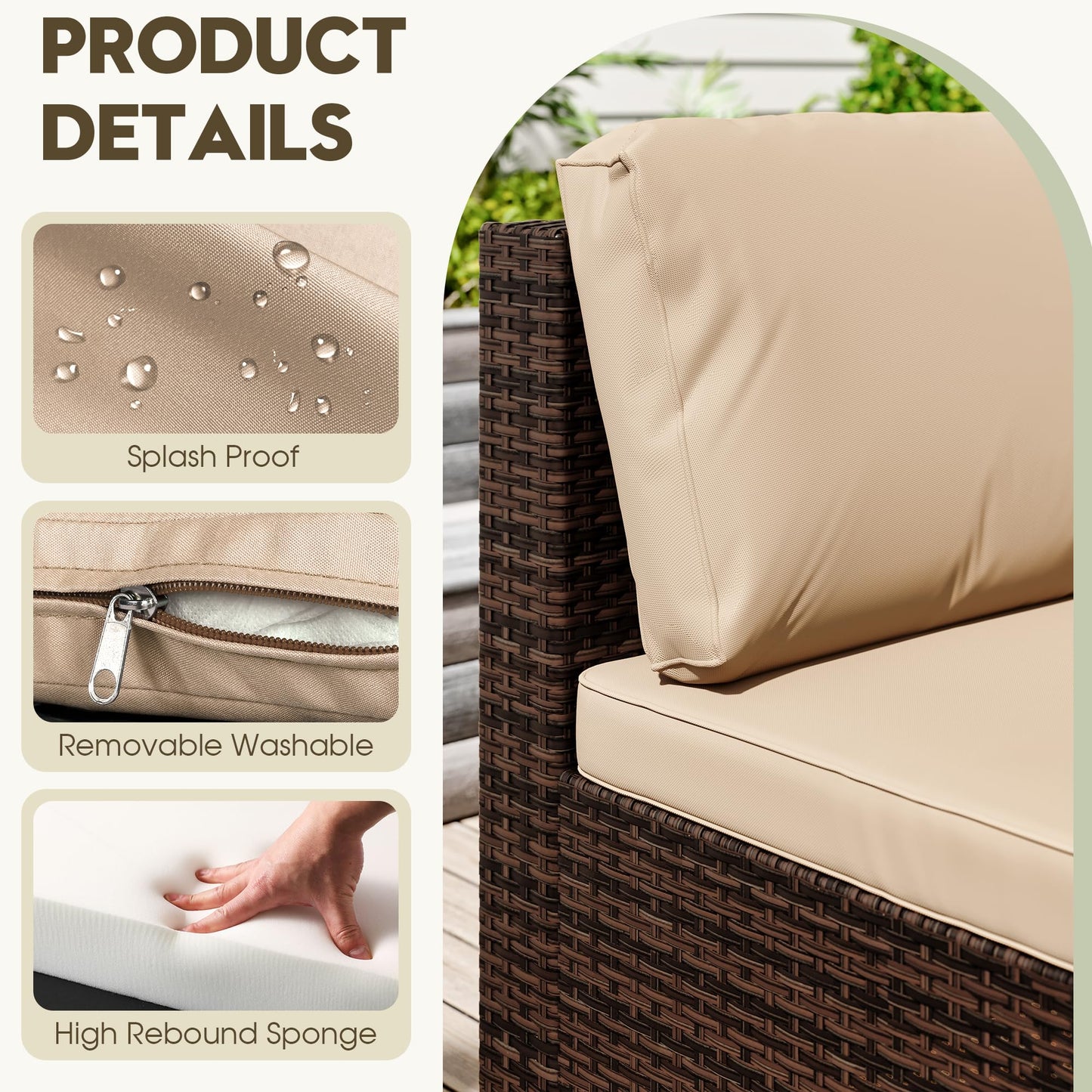 LHBcraft 7 Piece Patio Outdoor Furniture Set, Outdoor Sectional, All-Weather Manual Weaving PE Rattan Wicker Patio Sectional Sofa, Rattan Outside Furniture with Beige Cushion and Glass Table