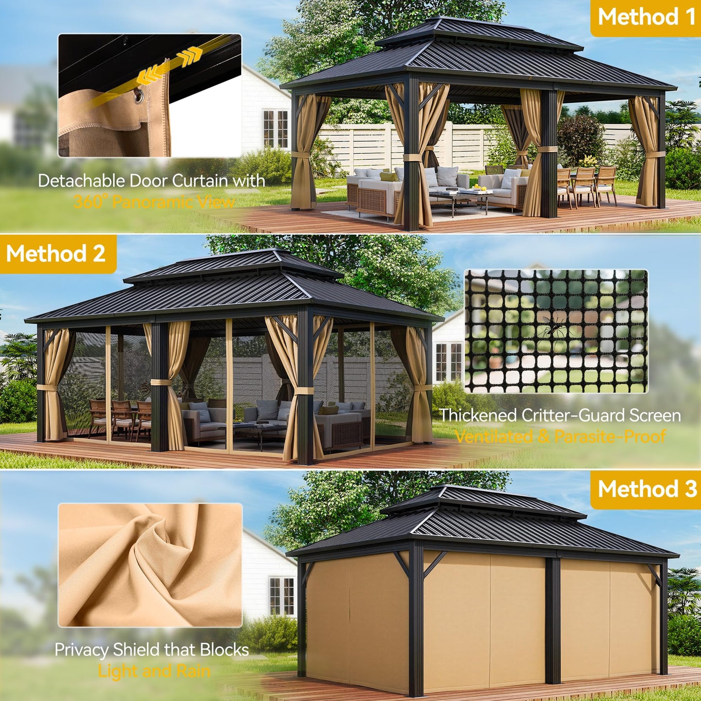 DWVO 12x18ft Aluminum Gazebo Hardtop Double Roof Canopy Outdoor Gazebo Galvanized Roof with Netting and Curtain Garden Tent for Patio, Backyard and Deck