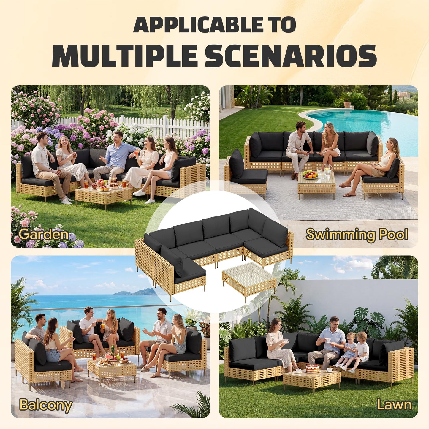 LHBcraft 7-Piece Wicker Outdoor Patio Furniture Set, Modular Rattan Outdoor Furniture, Patio Conversation Sets, Handmade Rattan, Water Resistant Fluffy Cushions and Coffee Table, Black