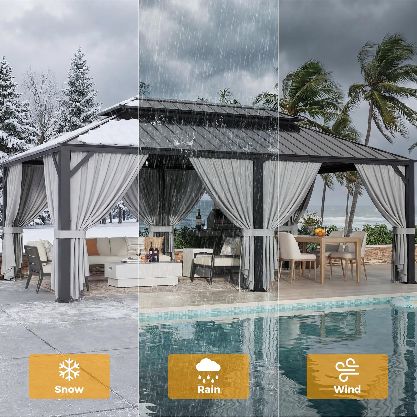 IRONCK 20'x12' Hardtop Gazebo, Update Aluminum Frame Gazebo with Galvanized Steel Double Roof, Outdoor Pergola with Curtain and Net, Backyard Canopy for Garden, Deck, Gray and Black