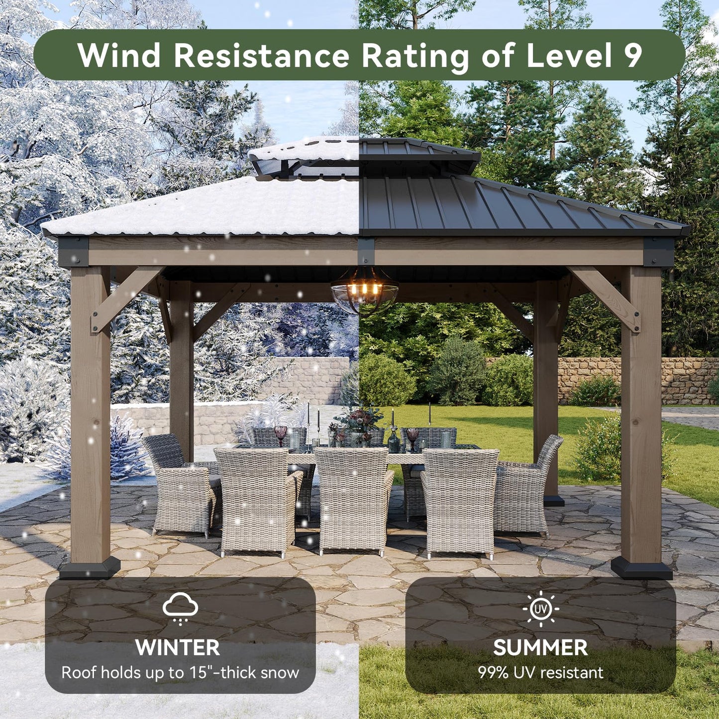 Aoxun 10' x 12' Outdoor Wood Gazebo, Hardtop Gazebo Permanent Wooden Pavilion with Galvanized Steel Double Roof, and LED Outdoor Waterproof Hanging Lights, for Patio, Garden, Deck, Cedar Wood, Grey